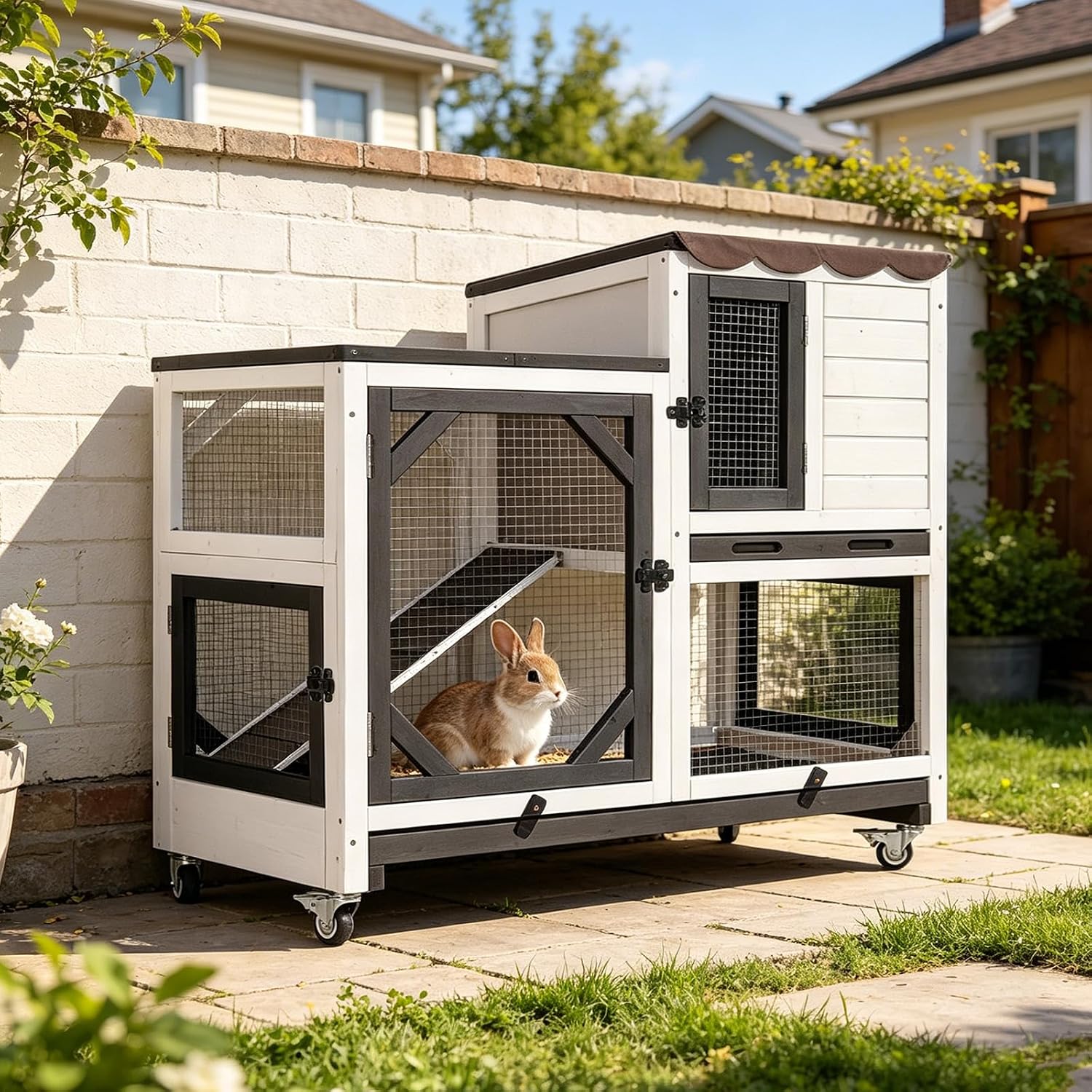 Gutinneen 2-Story Rabbit Hutch Bunny cage with Chew-Proof Ramp, Locking Leak-Proof Trays - Indoor/Outdoor 39.3" Wooden Rabbit Cage with Wheels for Rabbits, Guinea Pigs, Small Animal (Black and White) - Image 8