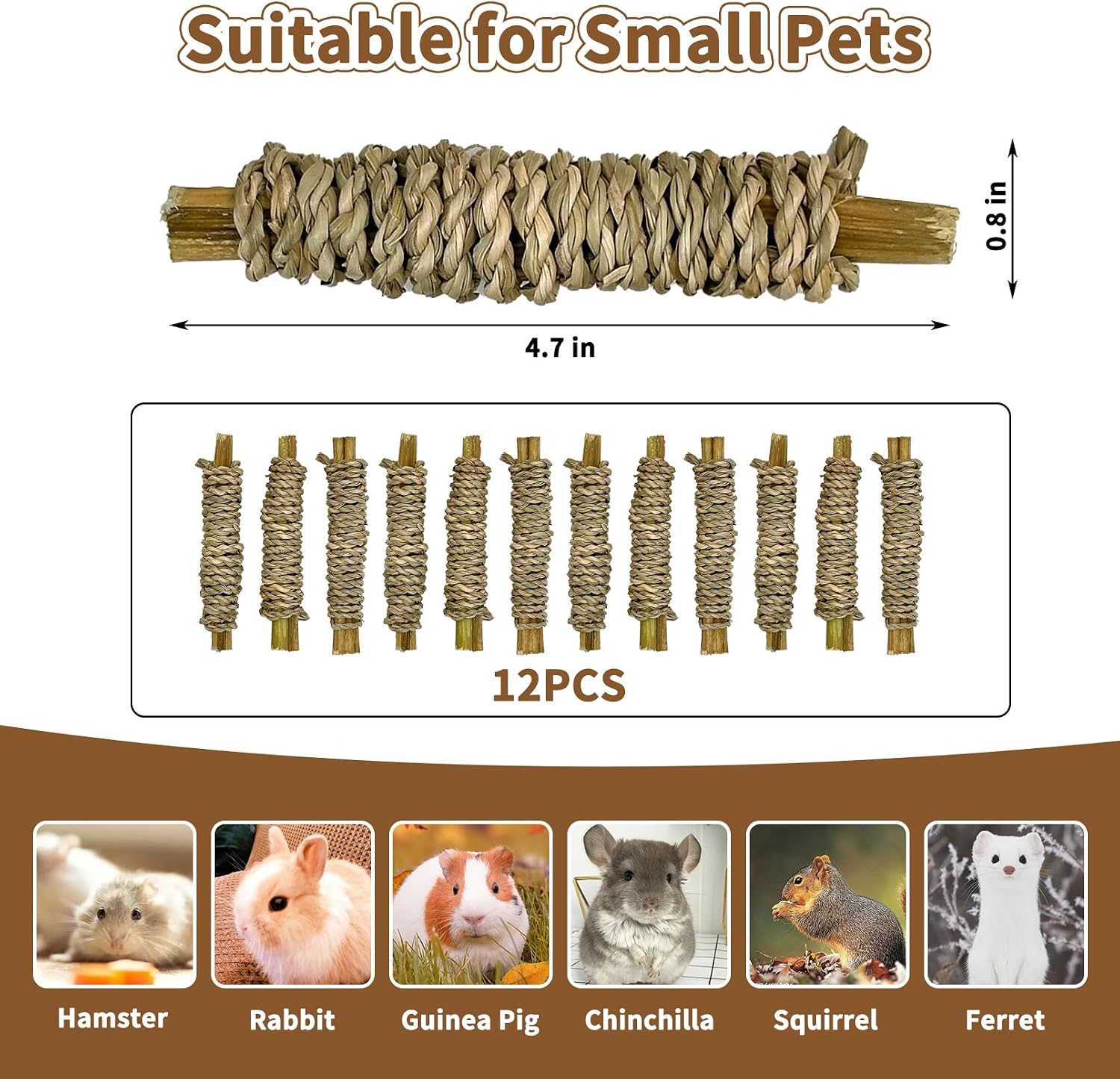 Fhiny 12 PCS Rabbit Chew Sticks, Natural Papaya Wood Seagrass Guinea Pig Chew Toys for Teeth Small Animal Molar Sticks Snacks for Bunny Guinea Pig Chinchilla Ferret Hamster Gerbil Dental Care - Image 3