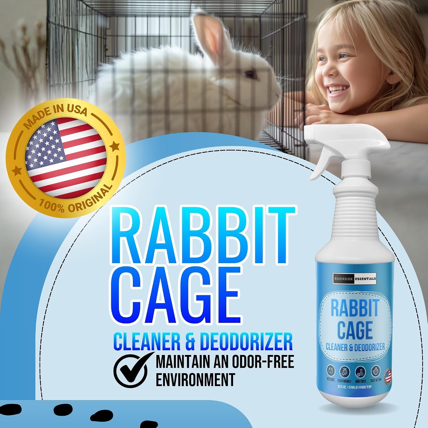Rabbit Cage Odor Eliminator & Cleaner Spray (32oz) – Eliminates Tough Urine, Ammonia & Bedding Odors – Non-Toxic, Fast Drying, Safe Cleaner for Bunny Cages - Made in USA - Image 3