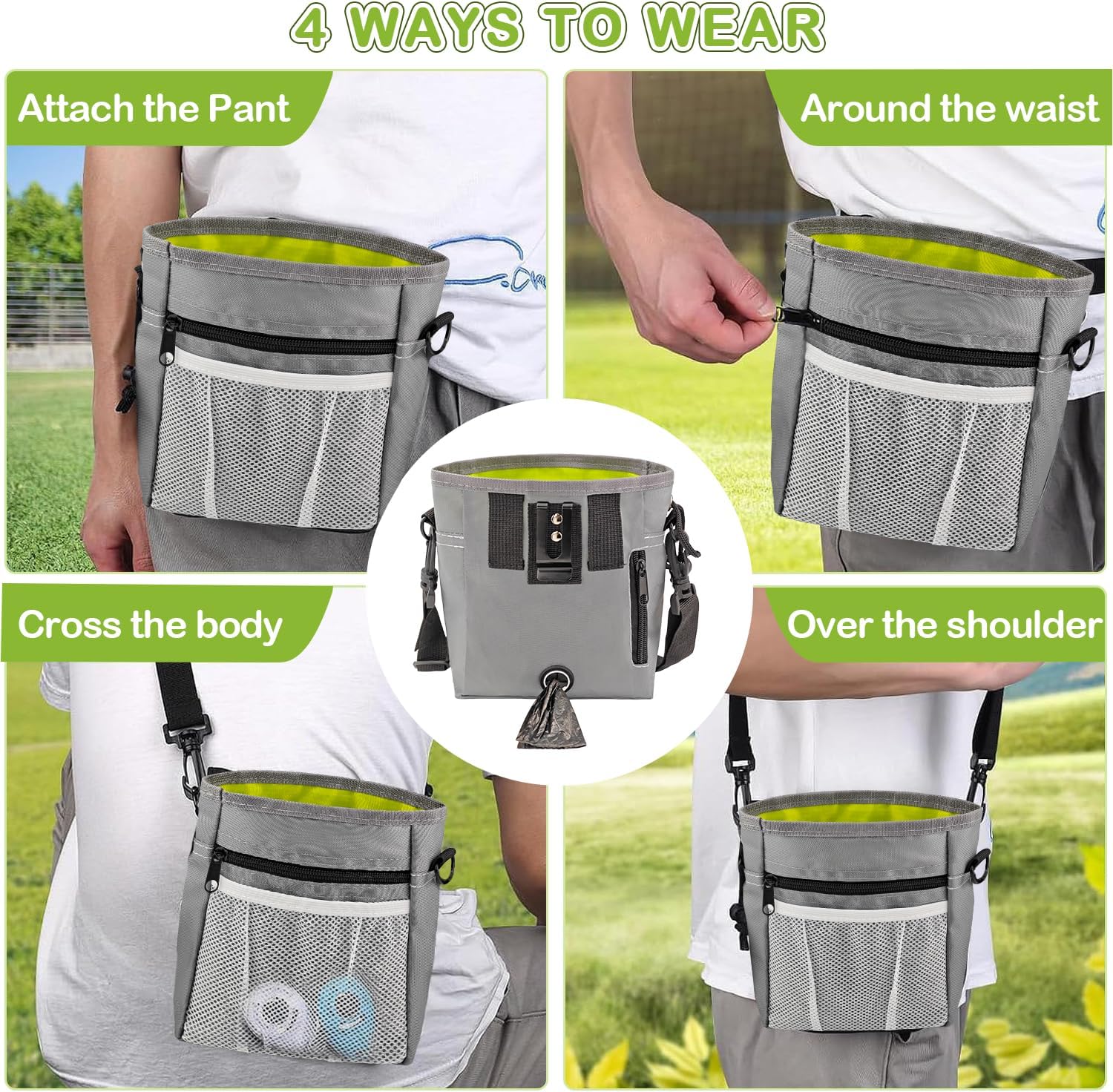 Dog Treat Pouch for Training -6 PCS Dog Training Treat Bag with Clicker, Poop Bag Dispenser, Whistle, Collapsible Bowl, Silicone Pouch, Adjustable Waist Pack for Dog Walk, Park, Outdoor Charcoal Gray - Image 4