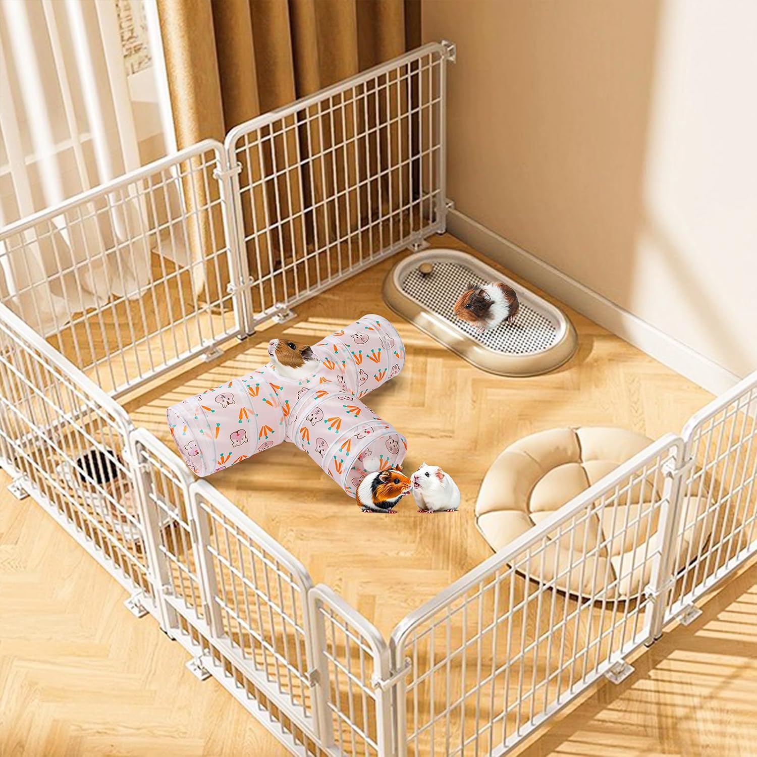 HERCOCCI Rabbit Toys, Bunny Tunnels & Tubes, Collapsible 3 Way Rabbit Hideout Tunnel with Chew Toys for Bunny Guinea Pig Ferret Kitten - Image 4