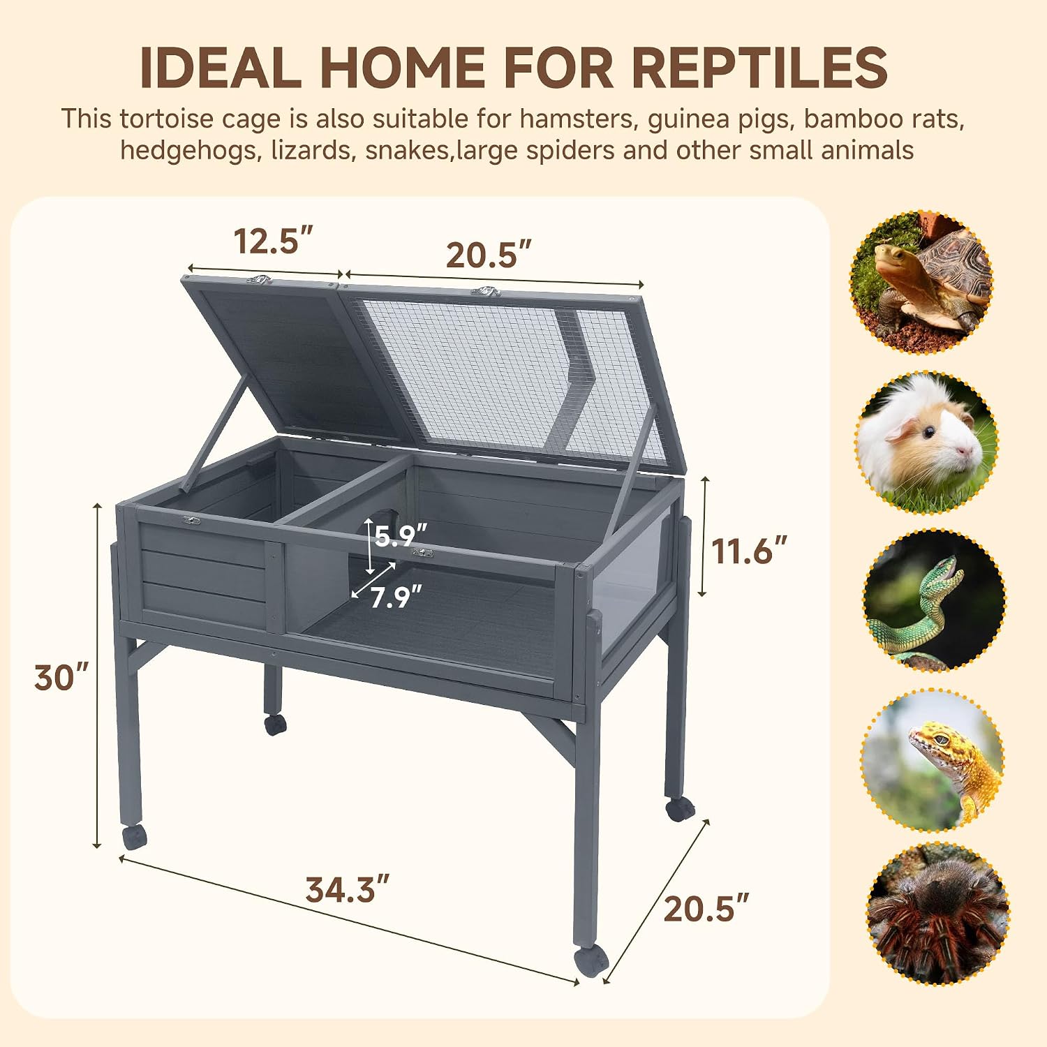 Large Tortoise Habitat Wooden Rolling Tortoise Cage House Reptile Terrarium Enclosure with Stand Leg Wheel Fixed Tray Openable Roof Lamp Holder for Gecko Lizard Snake Small Animal Cage Gray - Image 2