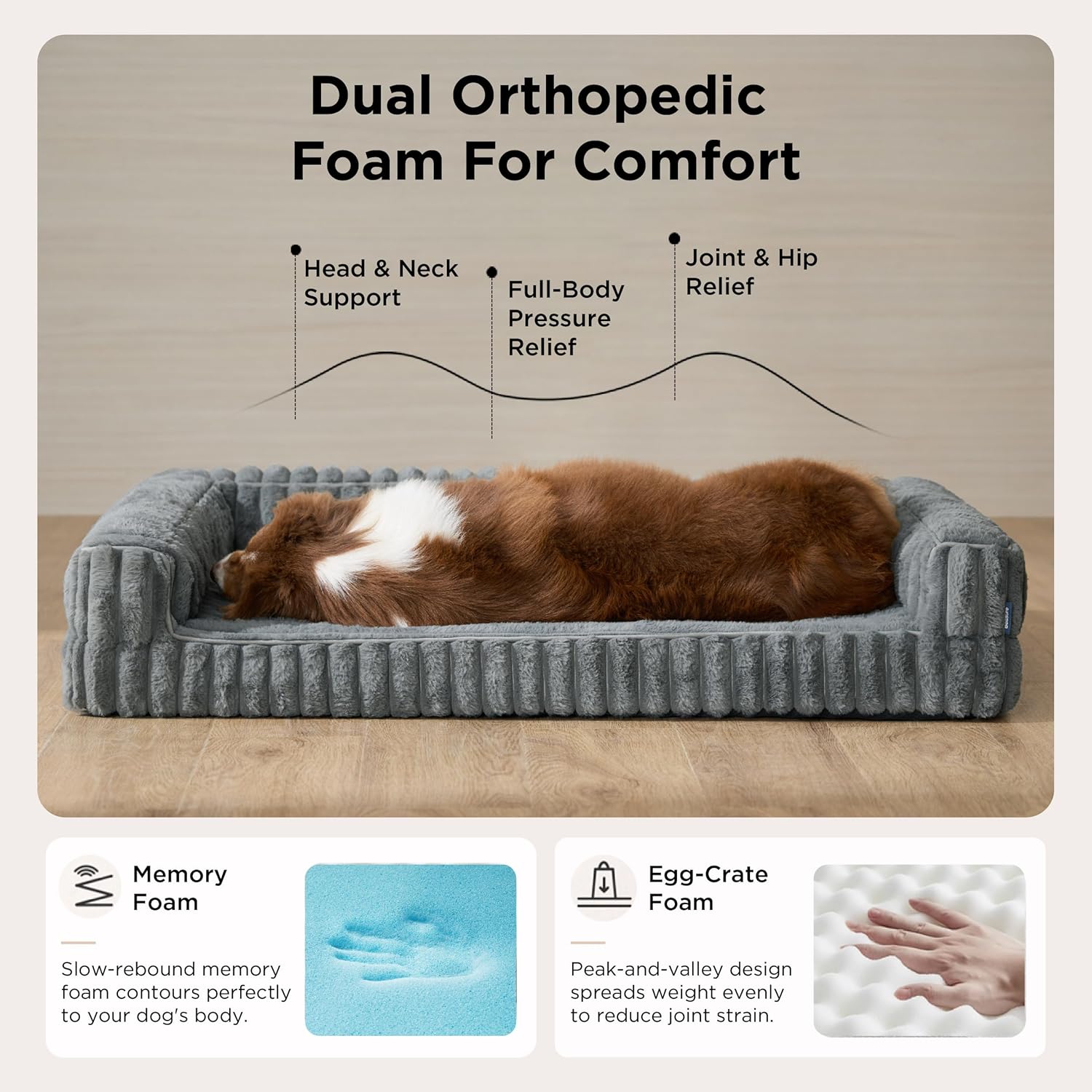 Bedsure ComfyFleece™ Orthopedic Dog Bed for Medium Dogs, Waterproof Memory Foam Medium Pet Beds with Sides, Non-Slip Bottom and Egg-Crate Foam Dog Couch Sofa with Washable Corduroy Cover, Grey - Image 2