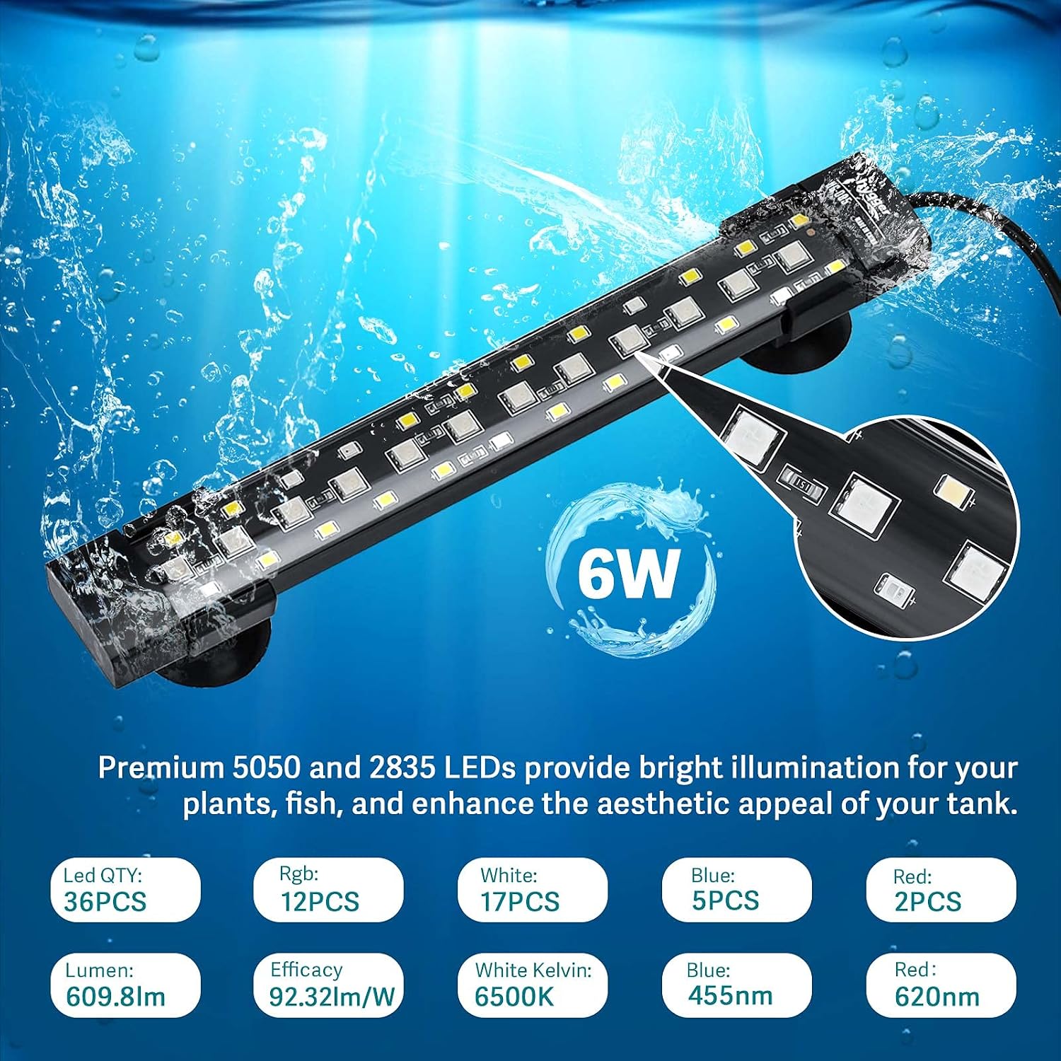hygger 24/7 Mode Submersible Aquarium LED Light, Full Spectrum Hidden Fish Tank Light with 3 Rows Beads 7 Colors Auto On Off Sunrise-Daylight-Moonlight, Adjustable Timer Brightness - Image 5