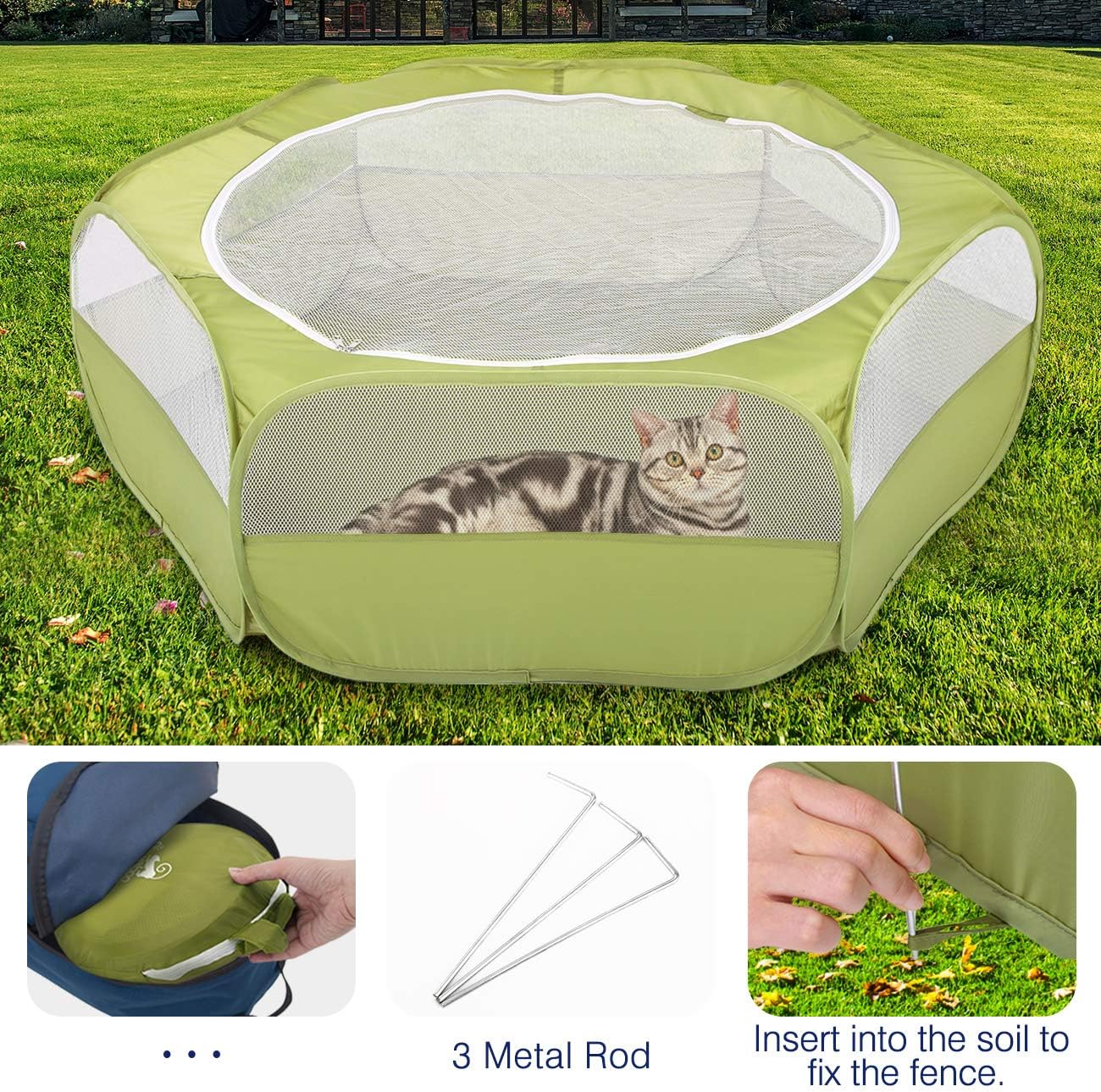 Pawaboo Small Animals Playpen, Waterproof Small Pet Cage Tent with Zippered Cover, Portable Outdoor Yard Fence with 3 Metal Rod for Chick/Kitten/Puppy/Guinea Pig/Rabbits/Hamster/Chinchillas,Green - Image 5
