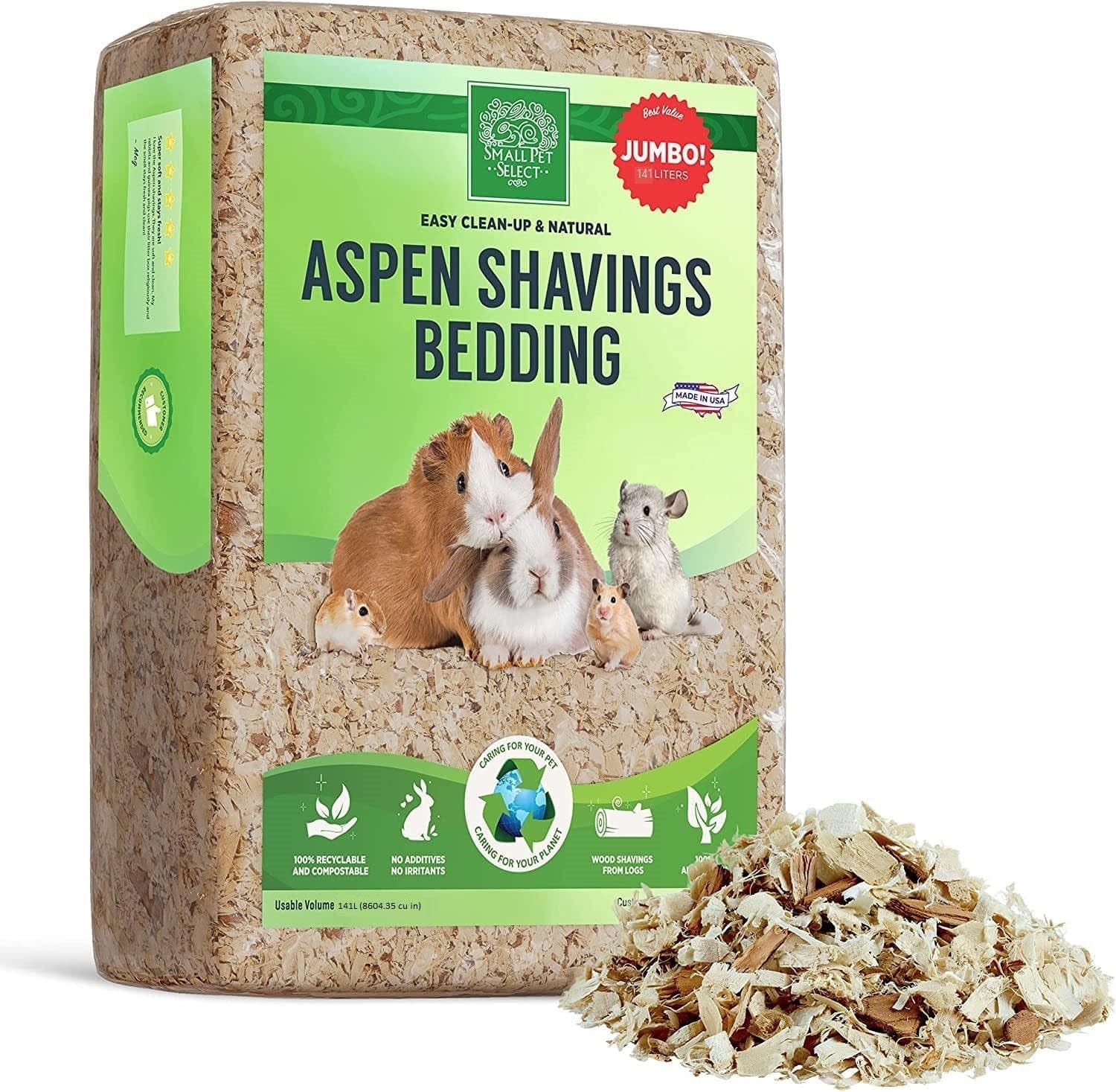 Small Pet Select Premium Natural Aspen Bedding, Animal Bedding for Small Indoor and Outdoor Pets, Made in the USA, Jumbo Size 141 L Pack