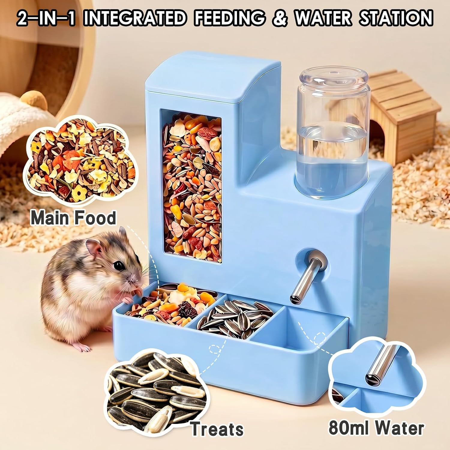 Hamster Water Bottle, No Drip 2-in-1 Automatic Hamster Feeder | Convenient accessories for hamster with visible food storage and 2-in-1 automatic feeding and watering for home or cage use - Image 2