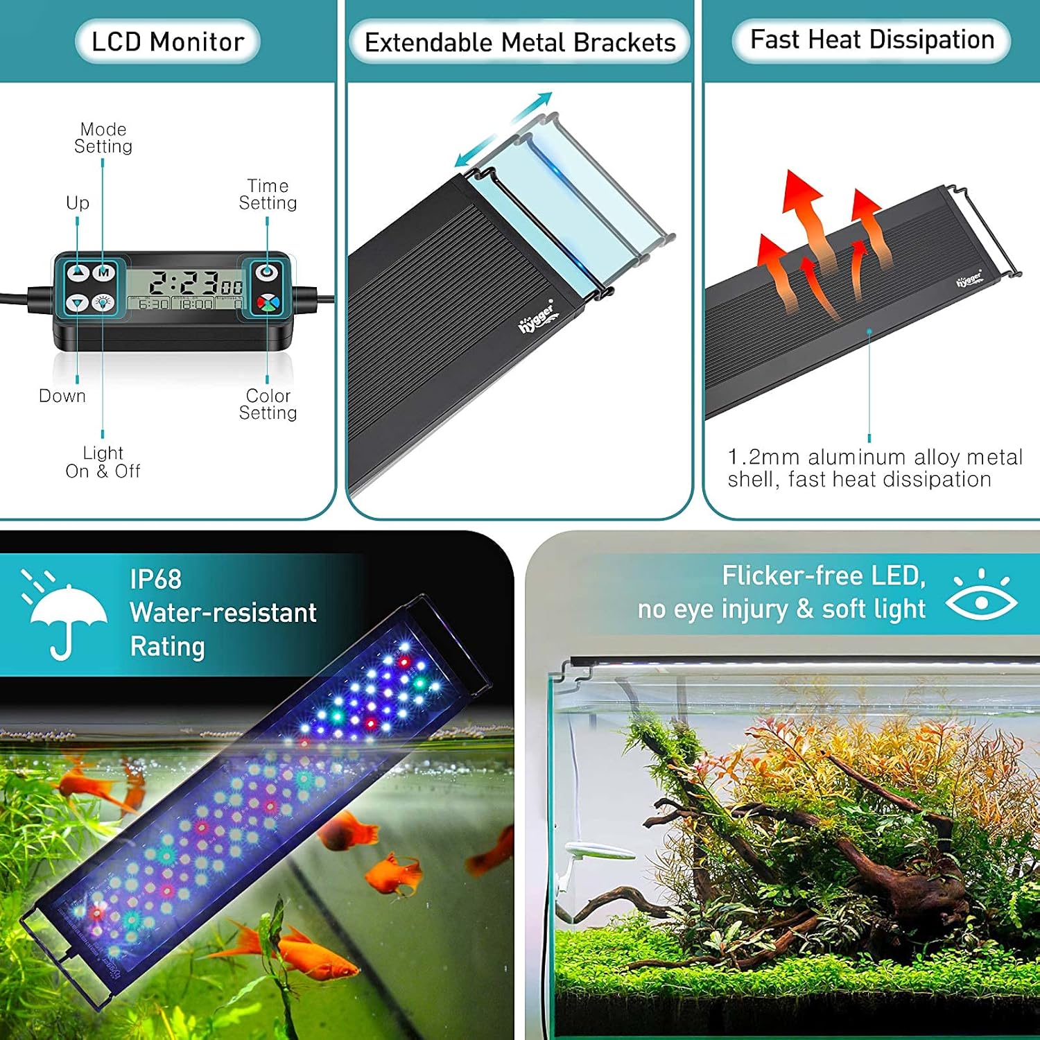 hygger Auto On Off LED Aquarium Light, Full Spectrum Fish Tank Light with LCD Monitor, 24/7 Lighting Cycle, 7 Colors, Adjustable Timer, IP68 Waterproof, 3 Modes for 18"-24" Freshwater Planted Tank - Image 6