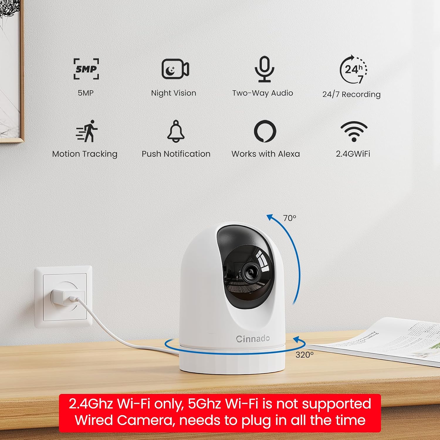 Cinnado Security Camera Indoor-2K 360° WiFi Cameras for Home Security,Pet/Dog/Baby Camera with Phone app, 2-Way Audio, Night Vision, 24/7 SD Card Storage, Works with Alexa & Google Home (2.4Ghz)-D1 - Image 2