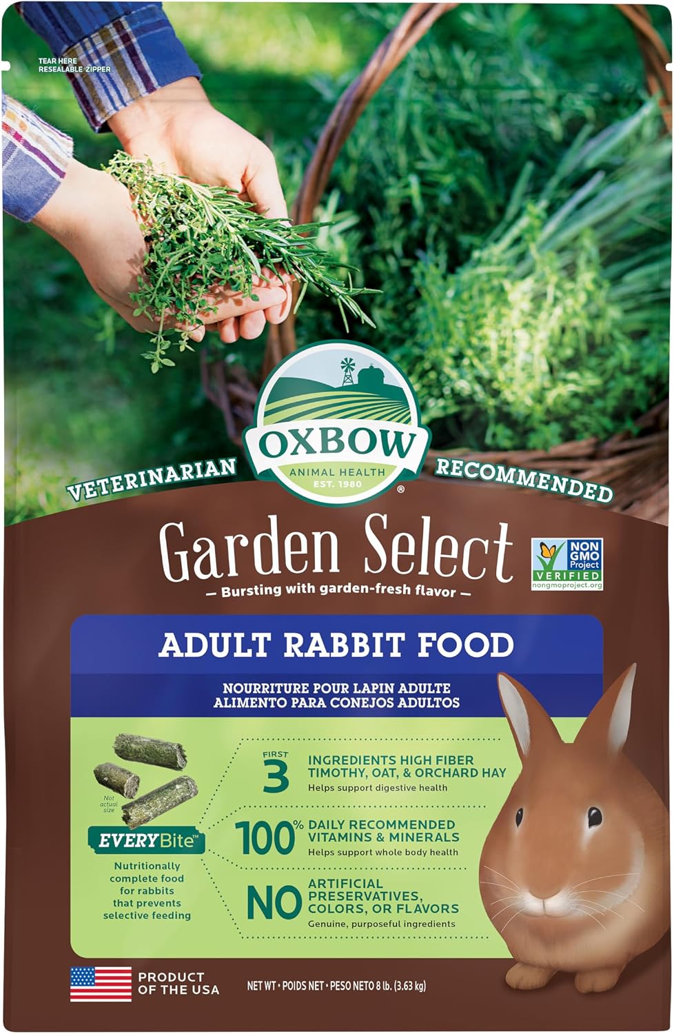 Oxbow Garden Select Rabbit Food, Adult, Made with Oxbow Timothy Hay for Rabbit, Bunny Food Pellets, Non-GMO, No Soy or Wheat, Small Animal Pet Products, Made in USA, High Fiber, 8 lb. Bag