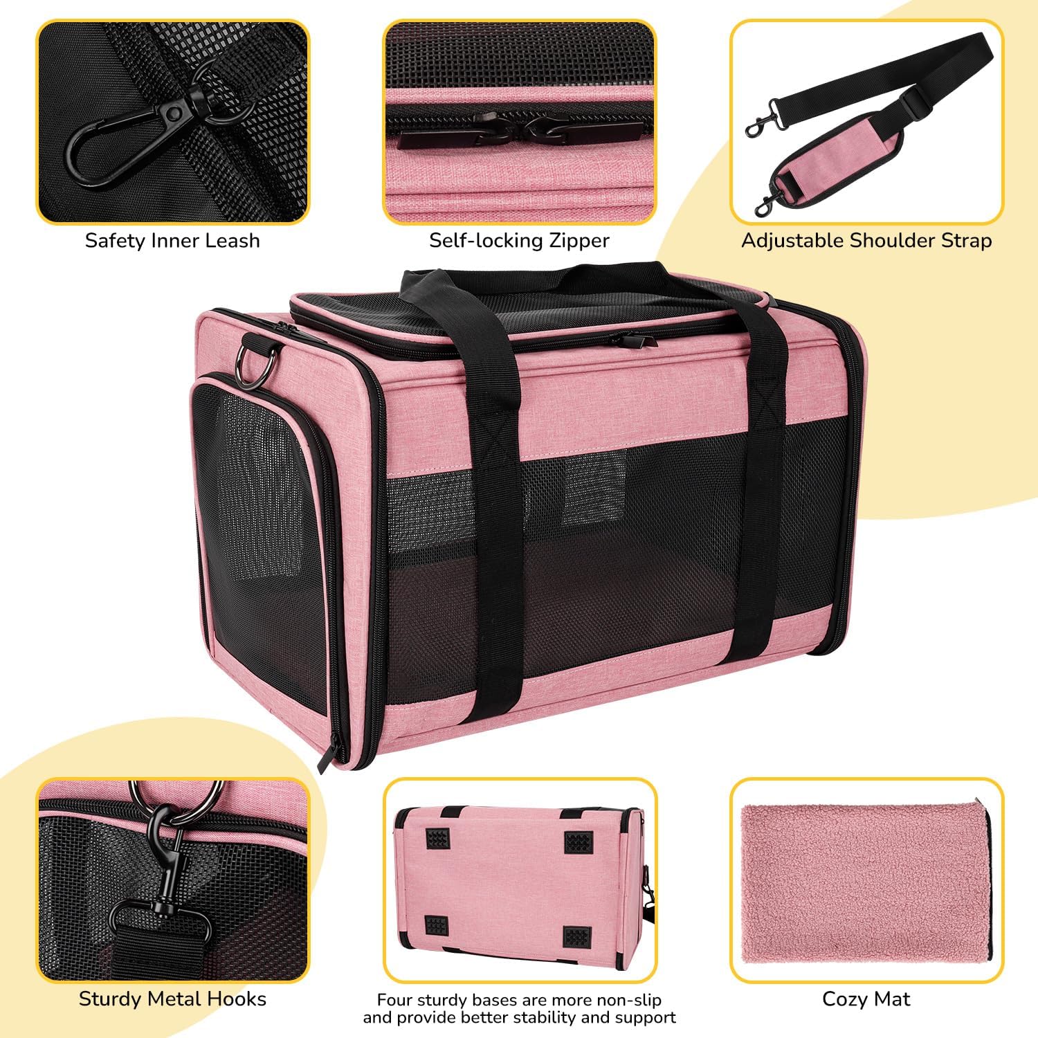 Hipubby Cat Carrier Dog Carrier for Pets Up to 16 Lbs, Soft-Sided Pet Travel Carrier for Cats and Small Dogs, Airline Approved Pet Carrying Case with Shoulder Strap & Removable Mat - Pink - Image 3