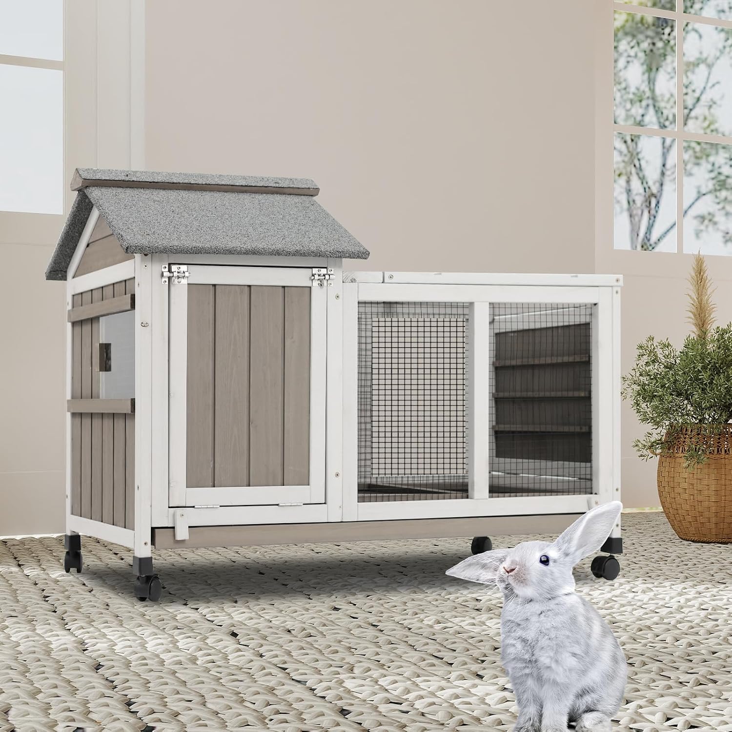 Gowoodhut 38.19"L Rabbit Hutch Indoor and Outdoor with 4 Wheels,Wooden Rabbit Cage with Pull Out Leak-Proof Tray for 1-2 Rabbits,Bunny Hutch with Asphalt Roof Suitable for Garden,Park,Living Room,Grey - Image 9