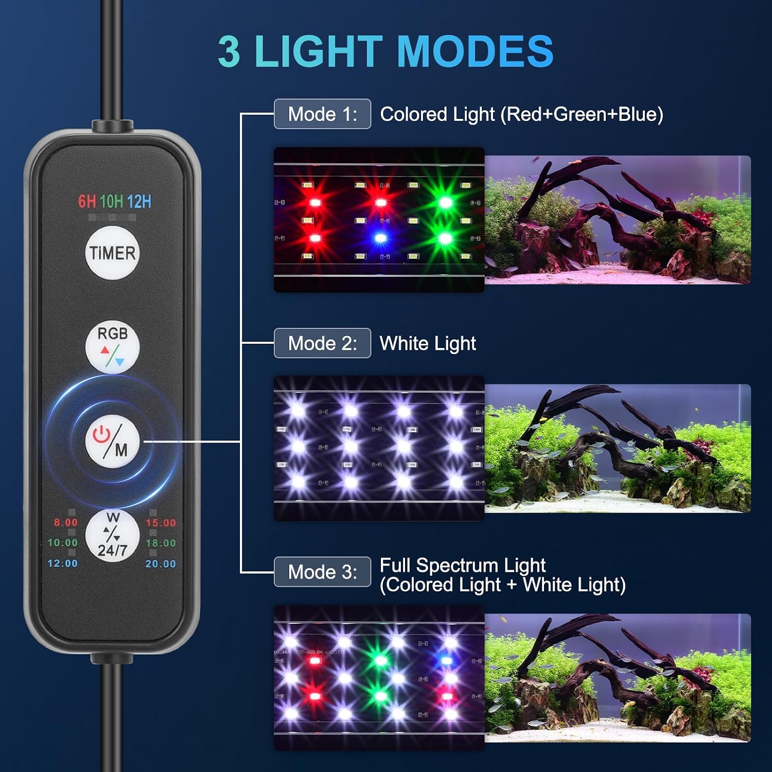 AQQA LED Aquarium Light for Plants, 24/7 Mode Full Spectrum Fish Tank Light with 3 Light Modes, Adjustable Timer/Brightness, Memory Function, Extendable Brackets for Freshwater for 12-18 Inch Tank 14W - Image 3