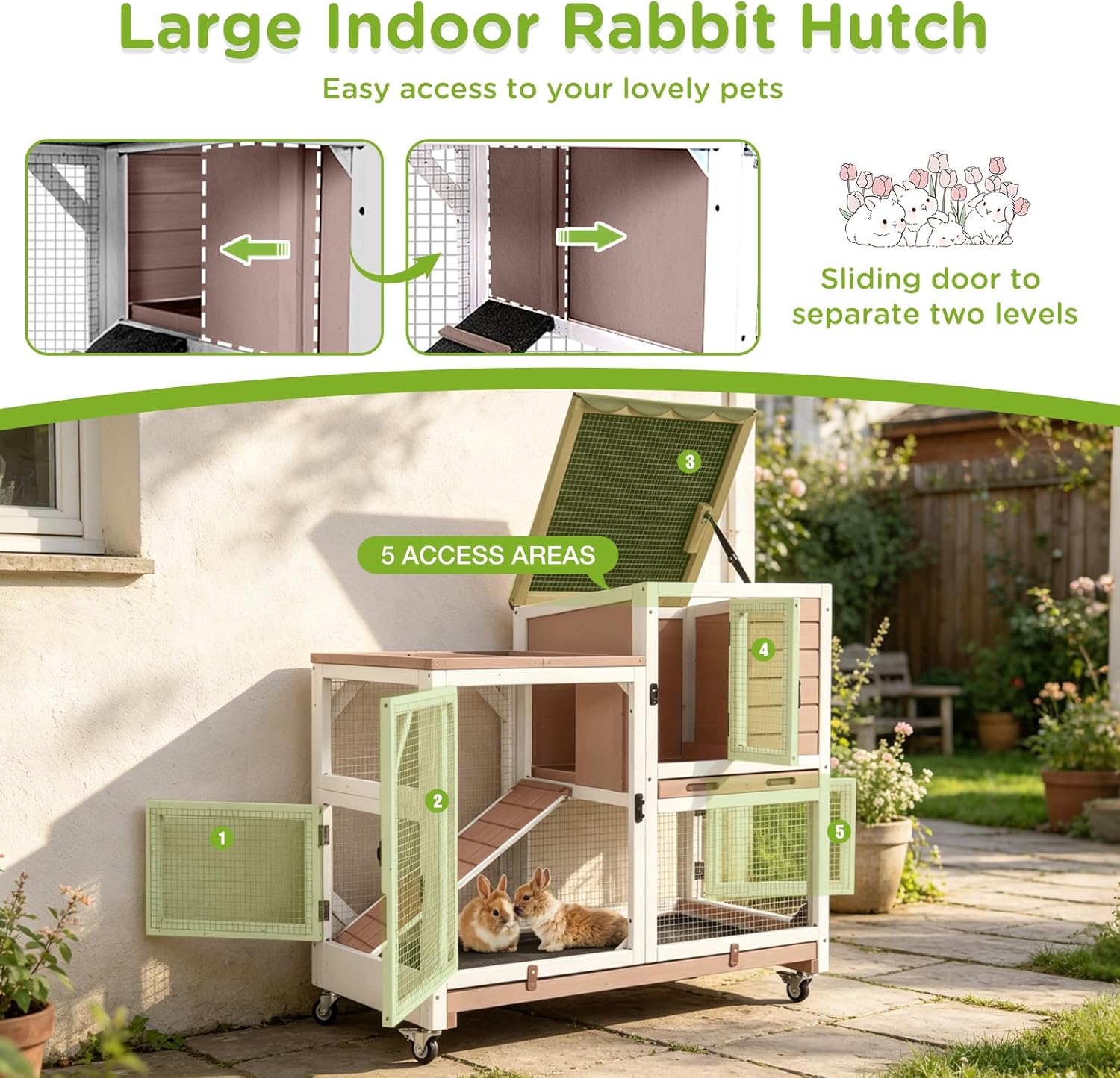 Gutinneen 2-Story Rabbit Hutch with Chew-Proof Ramp & Leak-Proof Trays - Indoor/Outdoor 39.3" Wooden Rabbit Cage with Wheels for Rabbits, Guinea Pigs - Image 6