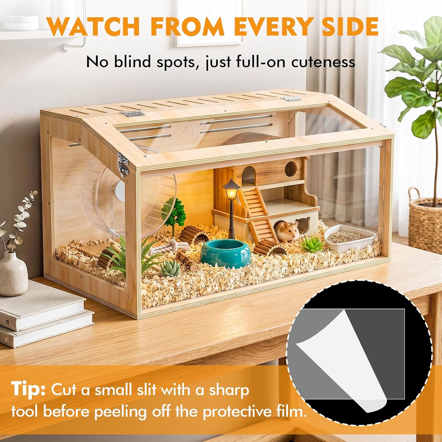 XiaZ Hamster Cage Chewproof,32Inch Large Hamster Cage with Panoramic View and Ventilated Top, Spacious Acrylic Glass Habitat for Syrian Dwarf Hamsters and Degus, Natural Wood Frame Enclosure - Image 2