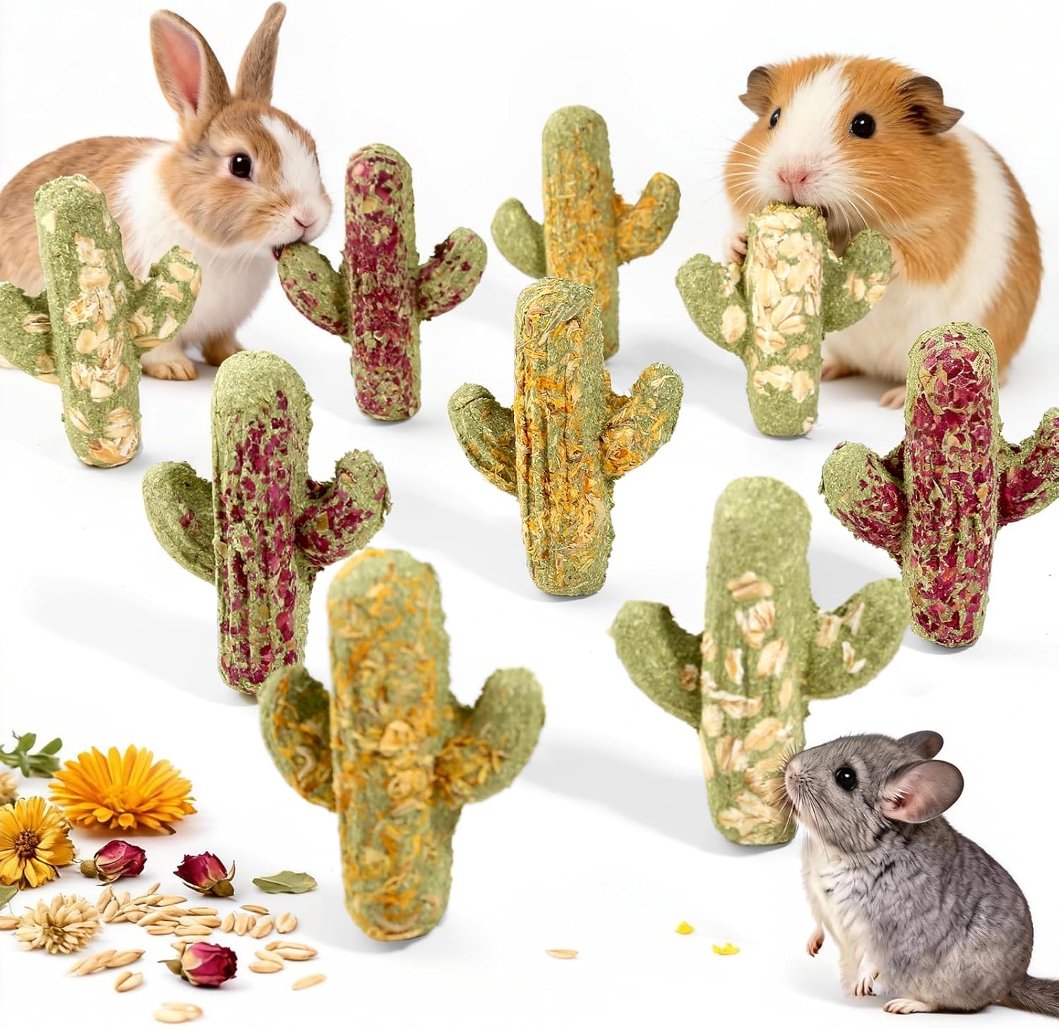 Abizoo Rabbit Chew Toys Natural Timothy Hay Oat Bunny Treats Snack Bunny Chew Sticks 9 Pcs Compressed Cactus Bunnies Enrichment Toys for Rabbit Guinea Pig Hamster Chinchilla Gerbil Dental Care
