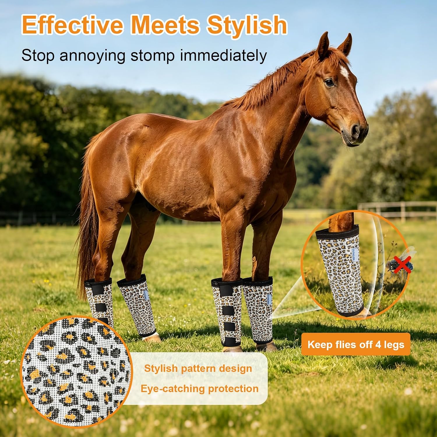 Leopard-Print Horse Fly Boots Set of 4, Soft Top Loose Fitting Leggings for Horses, Cheetah Print Style Design, Equine Breathable Adjustable 4 Leg Wraps Socks, Reliable Leg Guards for 4 Legs - Image 2