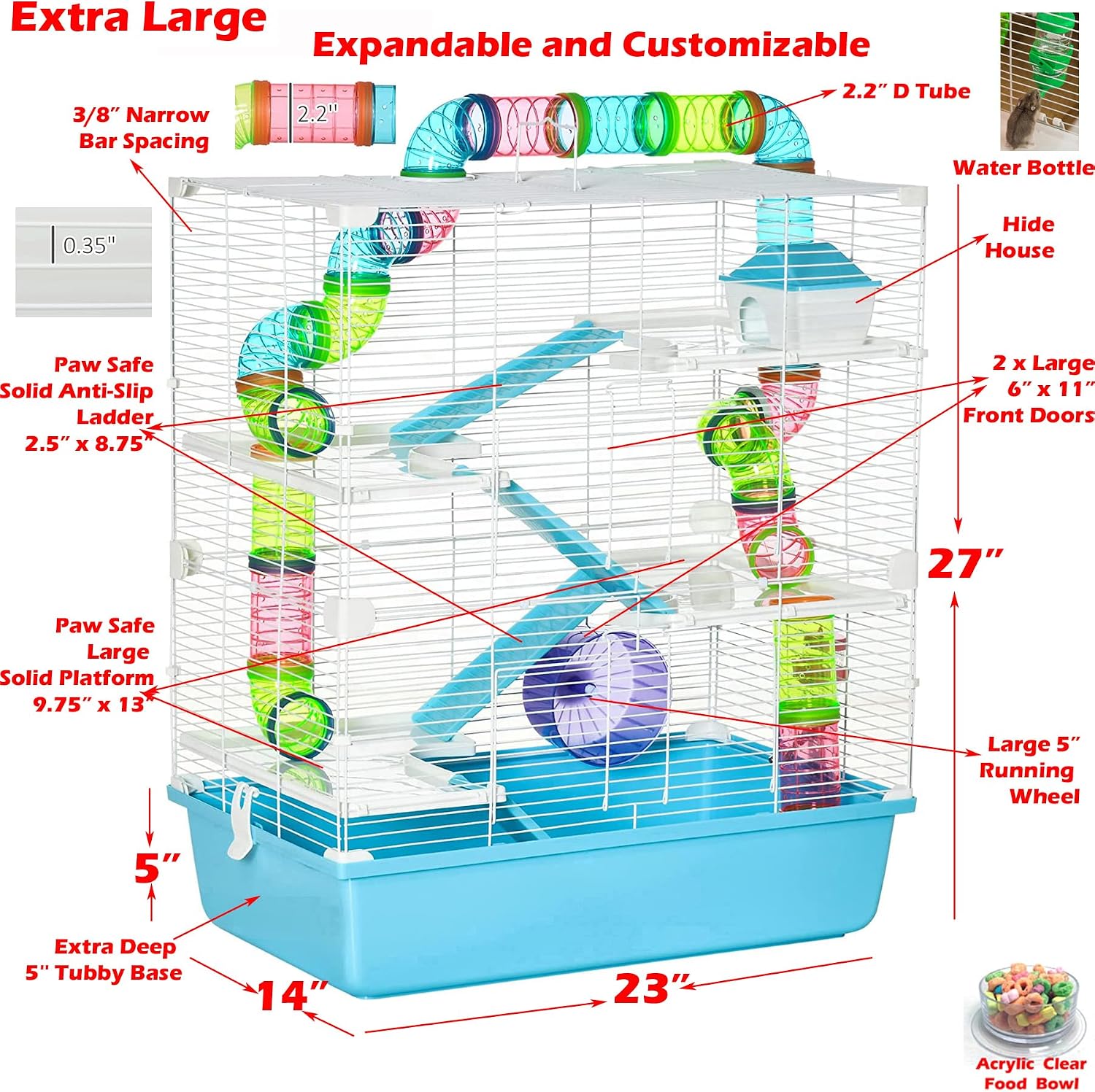 Extra Large 23" Multi-Tiers Easy Setup Hamster Palace Gerbil Habitat Mouse House Mice Home Critters Cage Complete Set of Accessories Expandable Customizable Hide House Food Bowl Running Wheel - Image 2