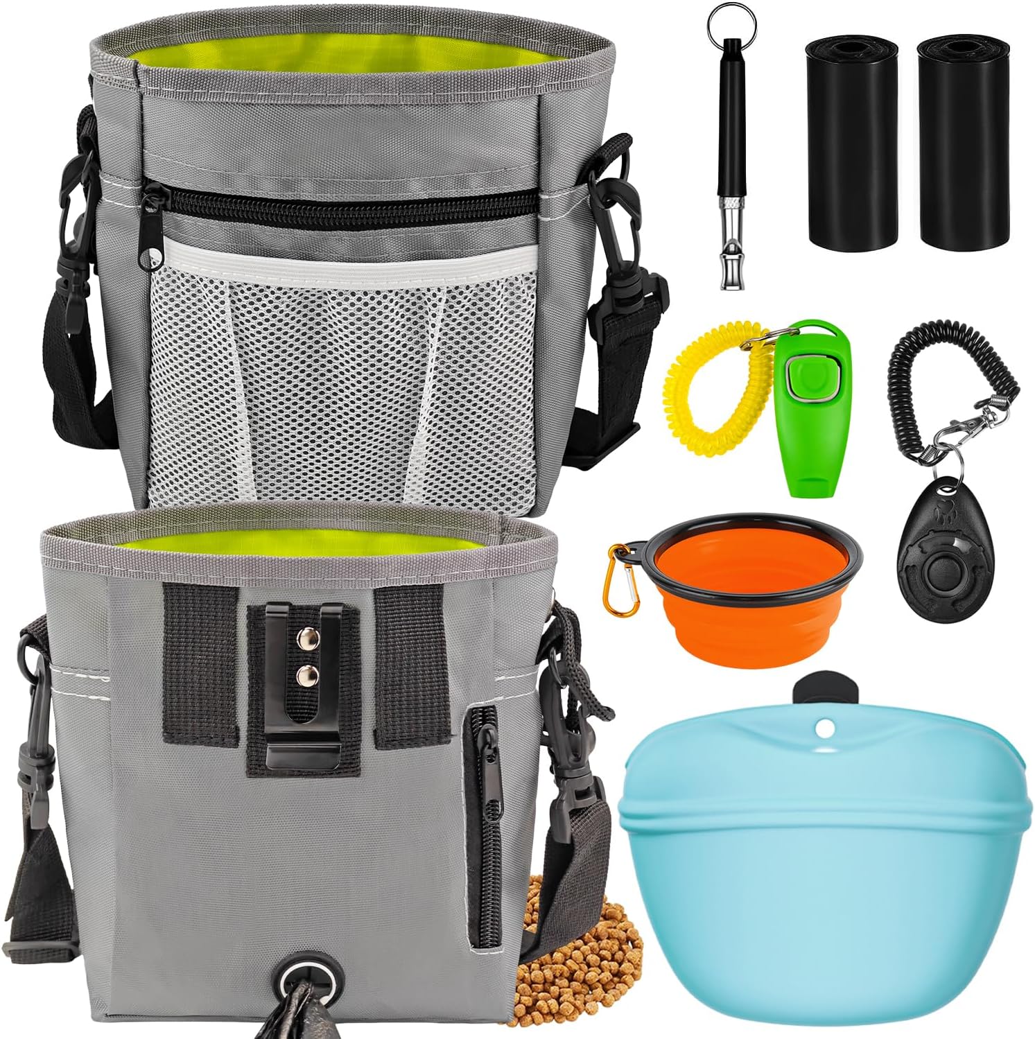 Dog Treat Pouch for Training -6 PCS Dog Training Treat Bag with Clicker, Poop Bag Dispenser, Whistle, Collapsible Bowl, Silicone Pouch, Adjustable Waist Pack for Dog Walk, Park, Outdoor Charcoal Gray