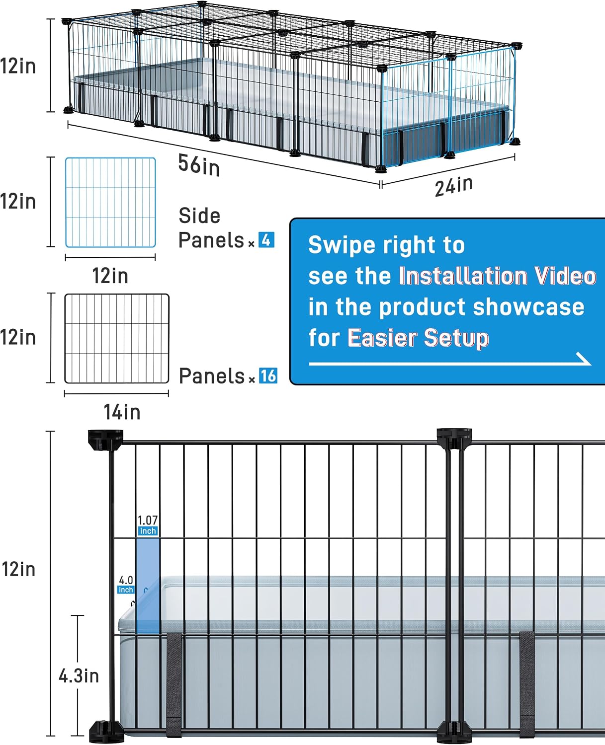 BUCATSTATE Guinea Pig Cages for 2, 20 Panels Guinea Pigs Playpen with Waterproof Mat, Metal Rabbit Cage Indoor for Hedgehogs, Quail, Chickens (56" L x 24" W x 12" H) - Image 4