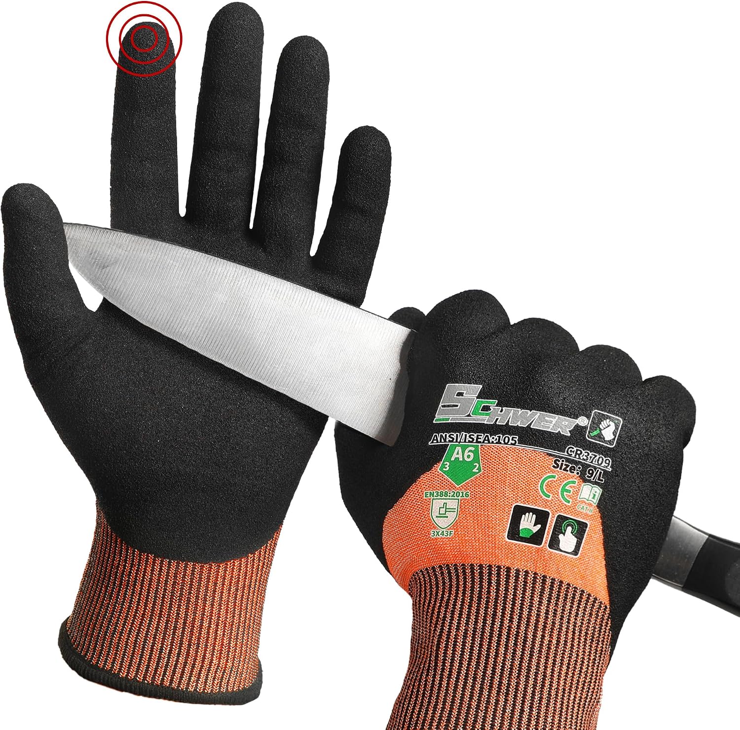 Schwer ANSI A6 Cut Resistant Gloves, CR3709 Cut Proof Work Gloves, Touch-screen Cutting Gloves, 3/4 Dipped Coating for Woodworking, Glass Metal Cutting, Construction, Fishing, L,1 pair