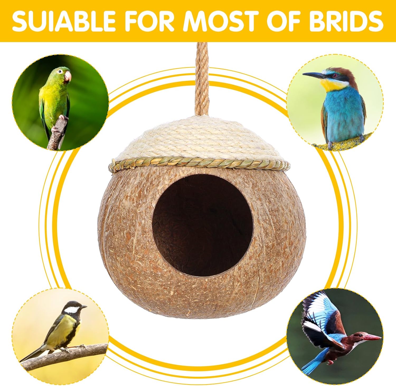 3 Pcs Natural Coconut Bird Hide Nest Hut for Cage with Woven Straw Bird Parakeet Coconut Fiber Hanging Birdhouse Cage Habitats Decor for Parrot Cockatiel Lovebird Finch Squirrel Hamster - Image 7