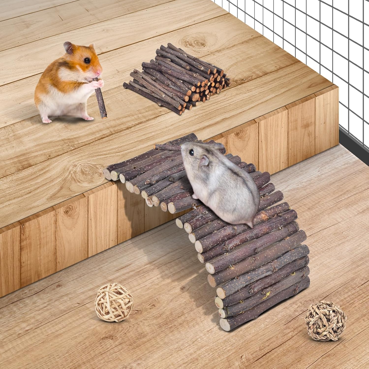 ERKOON 11 Pack Chinchillas Chew Toys, Toys Accessories for Teeth Care, Natural Apple Wood Ladder Bell Roller for Russian Hamster Gerbils Rats Guinea Pigs (11PCS) - Image 4