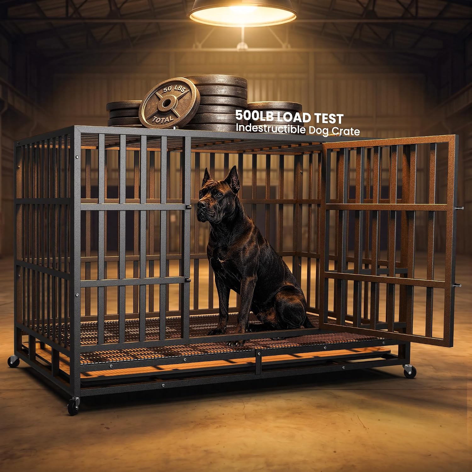 Hiwokk 48 Inch Heavy Duty Dog Crate, Indestructible Escape-Proof Dog Kennel for High Anxiety Large Dogs, Strong Metal Pet Cage with Double Doors, Lockable Wheels & Removable Tray, XL XXL XXXL - Image 4