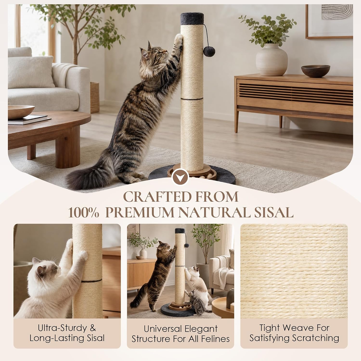 Heavy Duty Cat Scratching Post, 35 Inch Tall Cat Scratcher Cat Tree Tower with Hanging Ball for Indoor Cats Adults,Sisal Scratching Post with Toys - Image 4