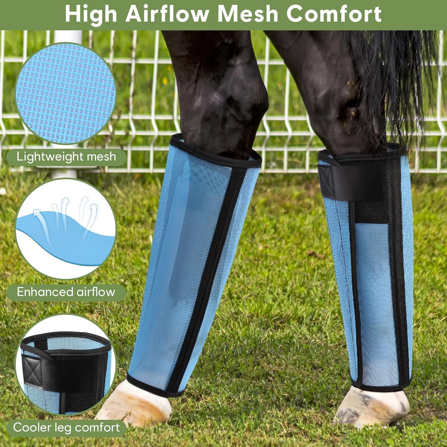 Fly Boots for Horses Set of 4, Horse Fly Boots with Reinforced Stitching, Extra-Wide Adjustable Hook & Loop Strap for Secure Fit, Breathable Mesh Fly Leg Wraps for Horse (4Pack, Blue) - Image 6