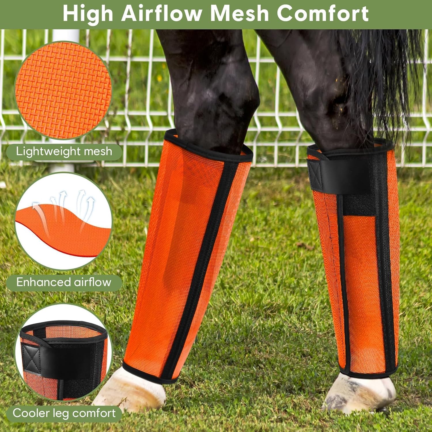 Fly Boots for Horses Set of 4, Horse Fly Boots with Reinforced Stitching, Extra-Wide Adjustable Hook & Loop Strap for Secure Fit, Breathable Mesh Fly Leg Wraps for Horse (4Pack, Orange) - Image 6