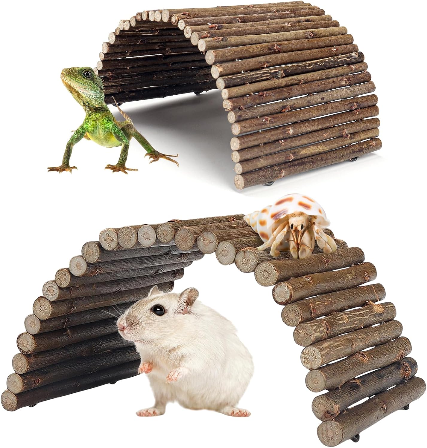 QUOZUO 2PCS Reptile Hideout Hermit Crab Bendable Bridge, Wooden Hermit Crab Hideout Climbing Toys, Reptile Tank Habitat Decor Hiding Hut for Lizards, Mice, Spiders