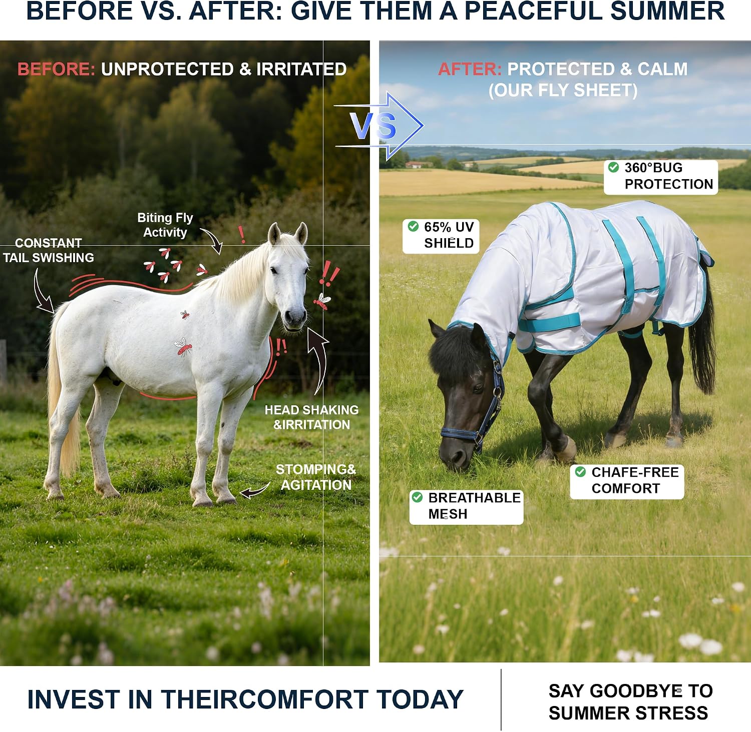 Fly Sheet for Mini Horse/Pony/Foal & Weanling/Yearling/Donkey - Detachable Neck Cover & Belly Wrap, Lightweight Airflow Mesh Summer Sheet for Pasture & Stable, UV Protection White 40" - Image 7