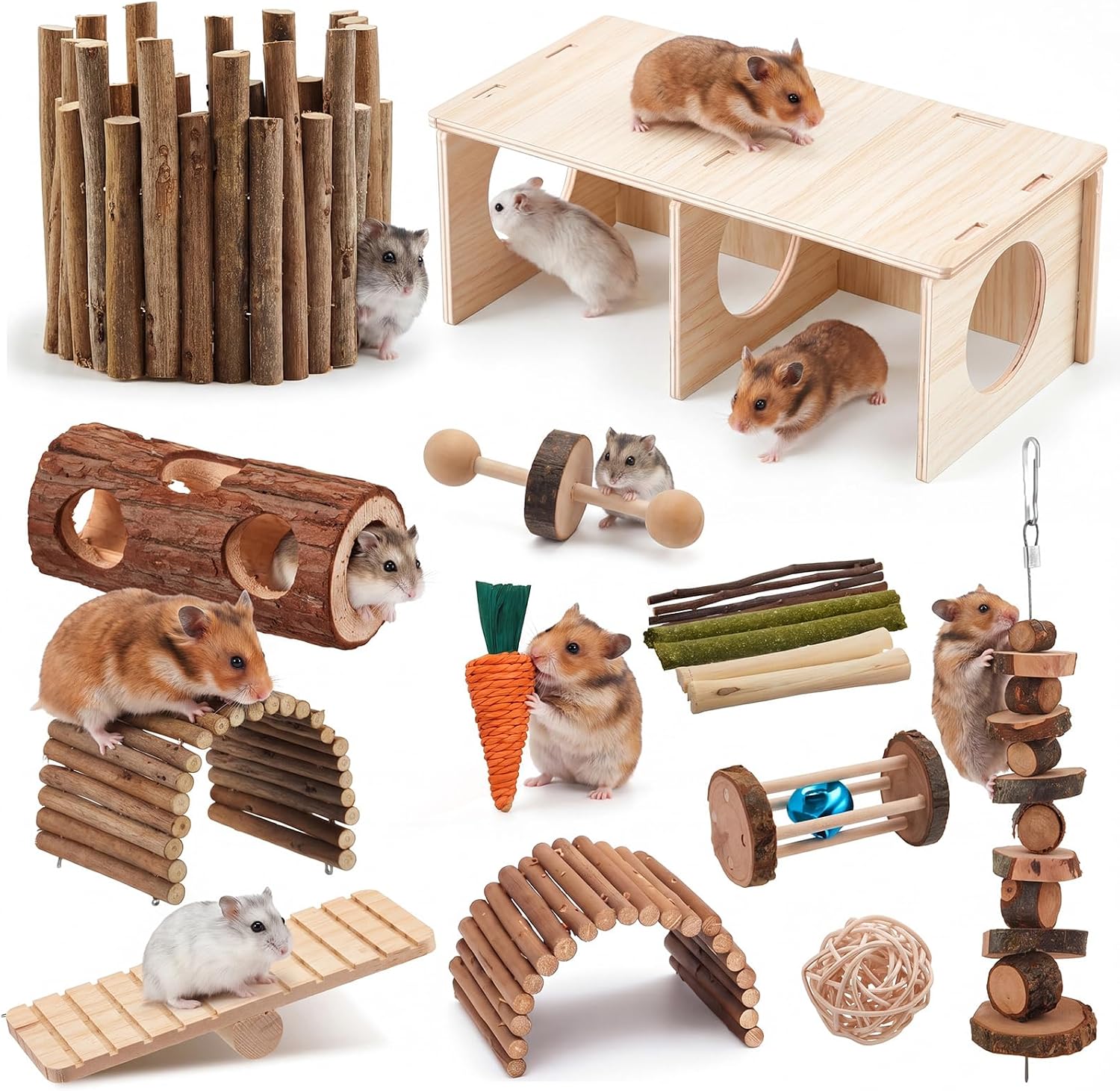 19 Pcs Hamster Cage Accessories Hamster Chew Toys Set, Maze Wood House Natural WoodenTunnel Tube Toy Set for Rat Mice Small Animals Habitat (Maze Tunnel)