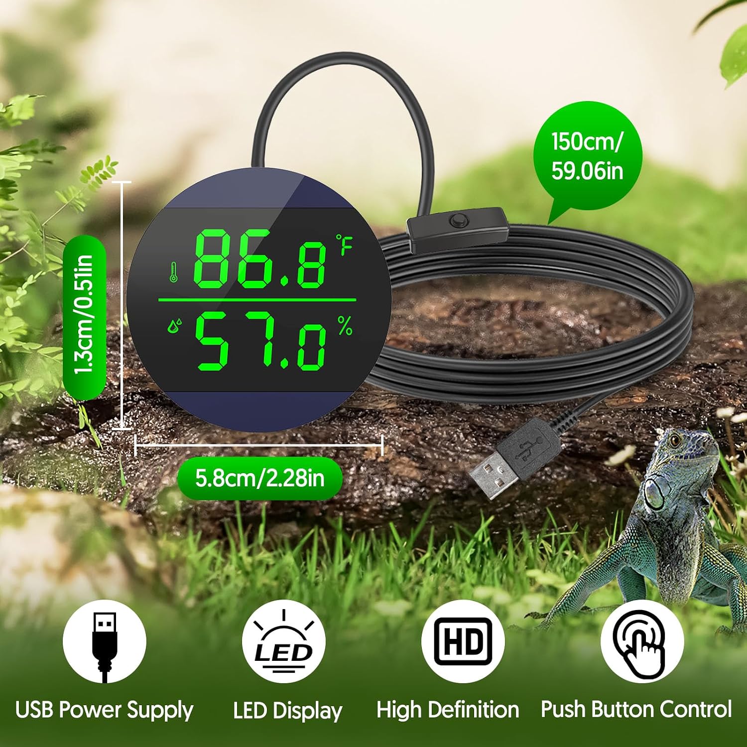 QZQ Reptile Thermometer and Humidity Gauge, LED Digital Thermometer Hydrometer, Reptile Tank Accessories for Bearded Dragon, Crested Gecko, Snake, Jumping Spider, Lizard, USB Power Supply (Blue) - Image 6