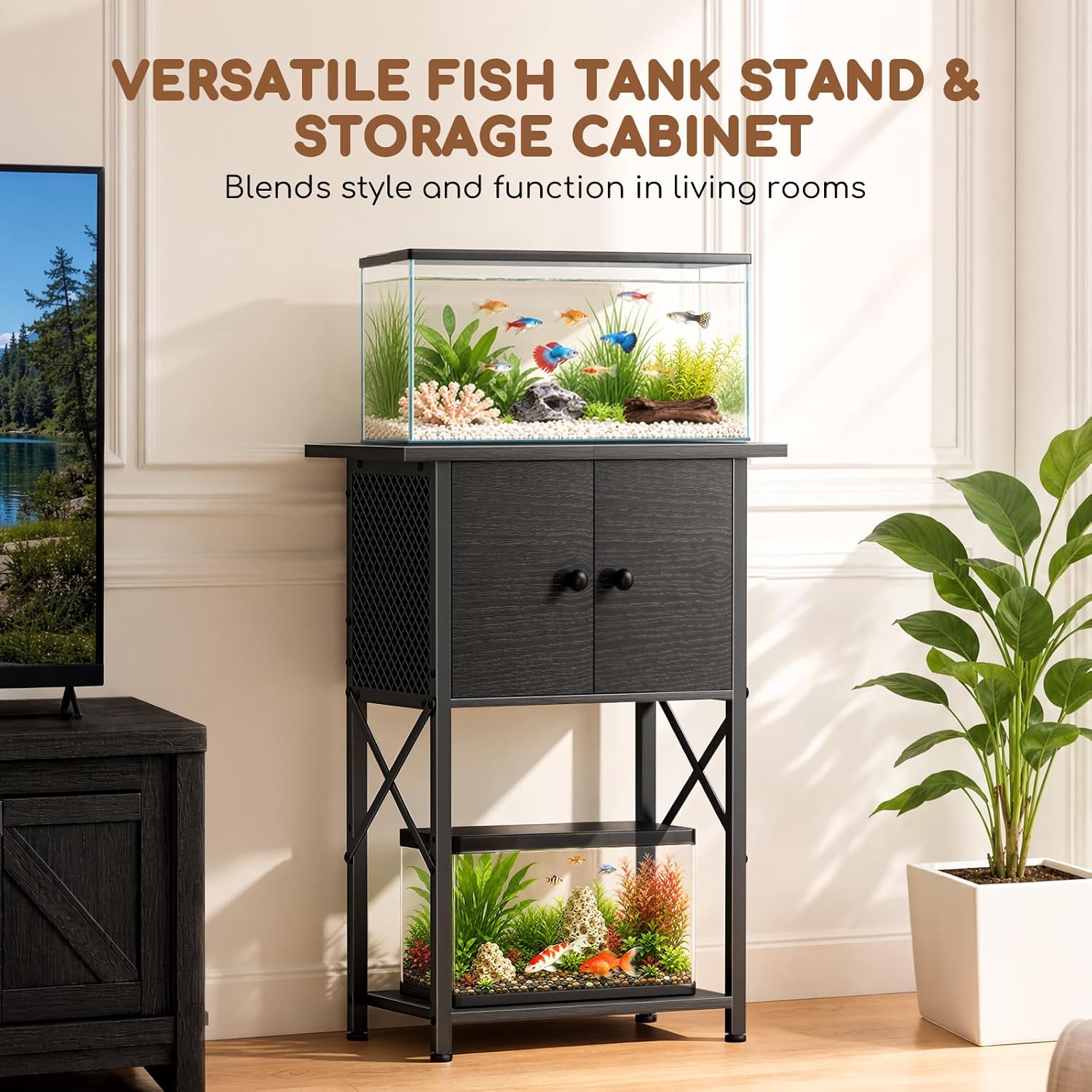 10 Gallon Fish Tank Stand with Storage Cabinet, Aquarium Stand with Rust-Proof Metal Frame, Heavy Duty Waterproof Reptile Turtle Tank Stand for Home Office Up to 260LBS, 21.3" L x 11.4" W x 30" H, Black - Image 4