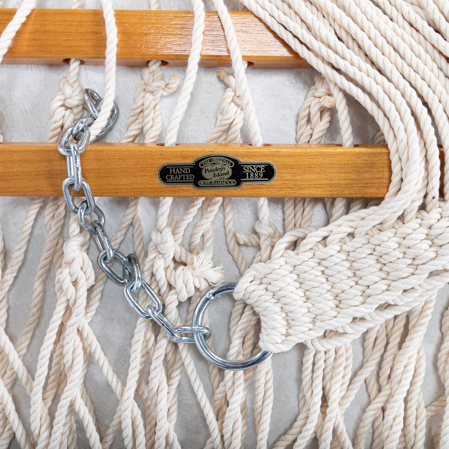Original Pawleys Island Large Oatmeal DuraCord Rope Hammock – 13 ft. x 55 in., 2-Person, 450 lb Capacity, Oak Spreader Bar, Zinc-Plated Hardware, Handcrafted in the USA - Image 5