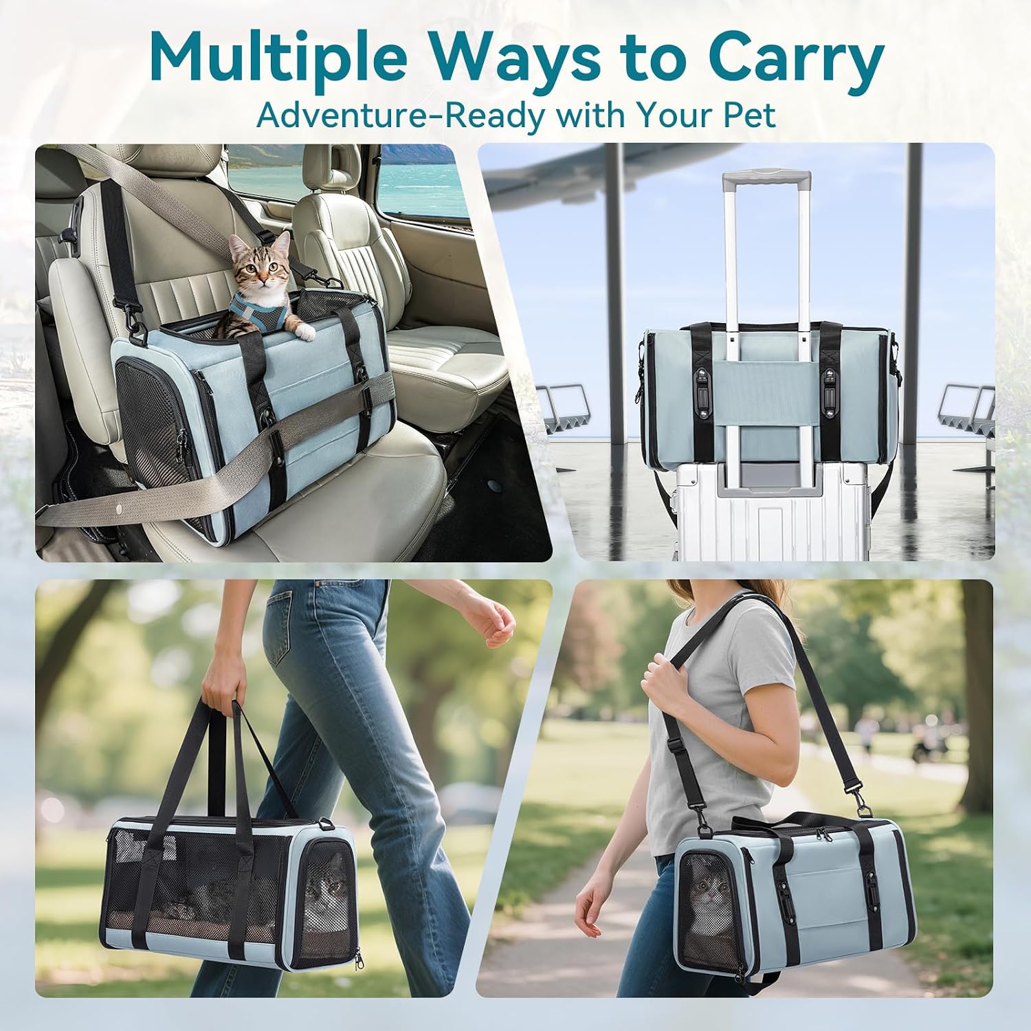 PETSFIT Soft-Sided Cat Carrier with Patented Safety Buckles, Lockable Zippers & Safety Tether,Escape-Resistant Travel Pet Carrier for Car Rides & Vet Visits, Airline Approved Under-Seat, Up to 12 lbs - Image 8