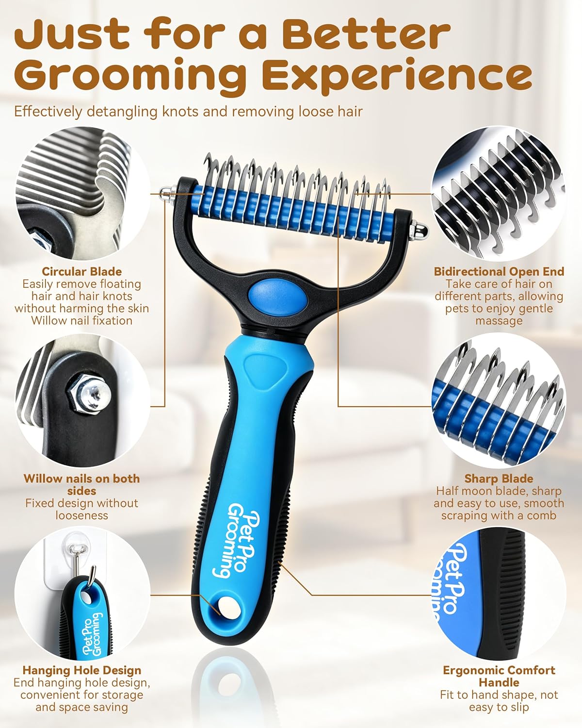 Tool, 2-In-1 Double-Sided Grooming Tool, Deshedding Dog Brush, Pet Shedding Remover Rounded-Tooth Comb For Painlessly Removing Knots And Loose Hair (Blue-Large) - Image 4
