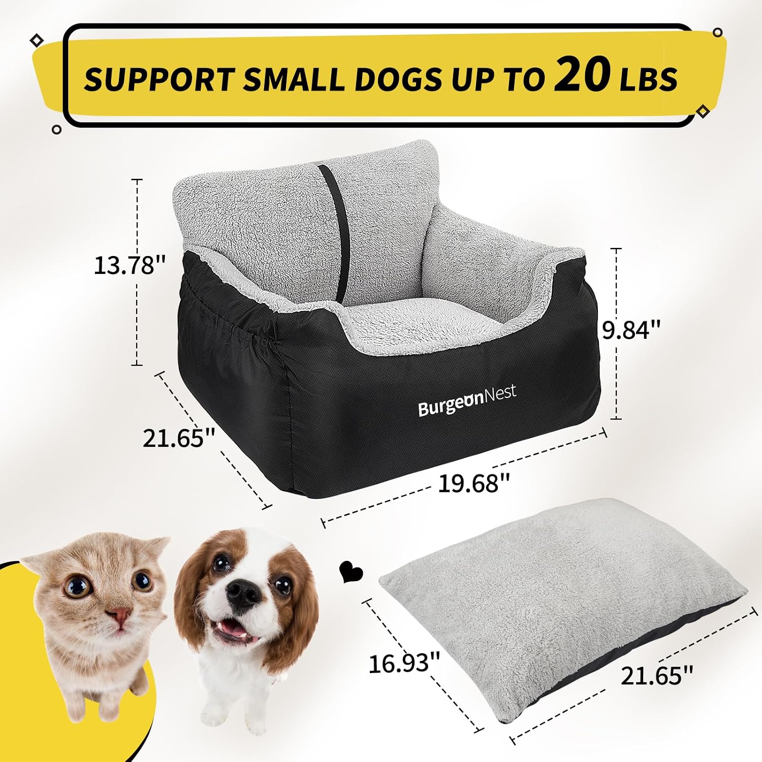 BurgeonNest Dog Car Seat for Small Dogs, Soft Pet Car Travel Home Bed Under 25 lbs, Fully Detachable and Washable Cat Booster Carseats with Storage Pockets and Clip-On Leash Portable Carrier,Black - Image 3