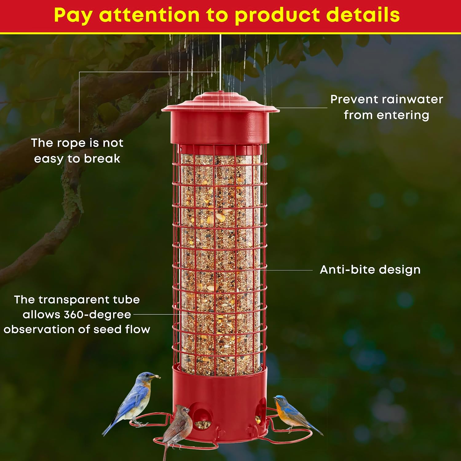 Squirrel Proof Bird Feeders, Metal Wild Bird Feeder for Outdoors Hanging, Weight Activated Squirrel Buster for Chickadees, Goldfinches, Cardinals, Chew-Proof, 4.4LB Large Capacity, Red - Image 6