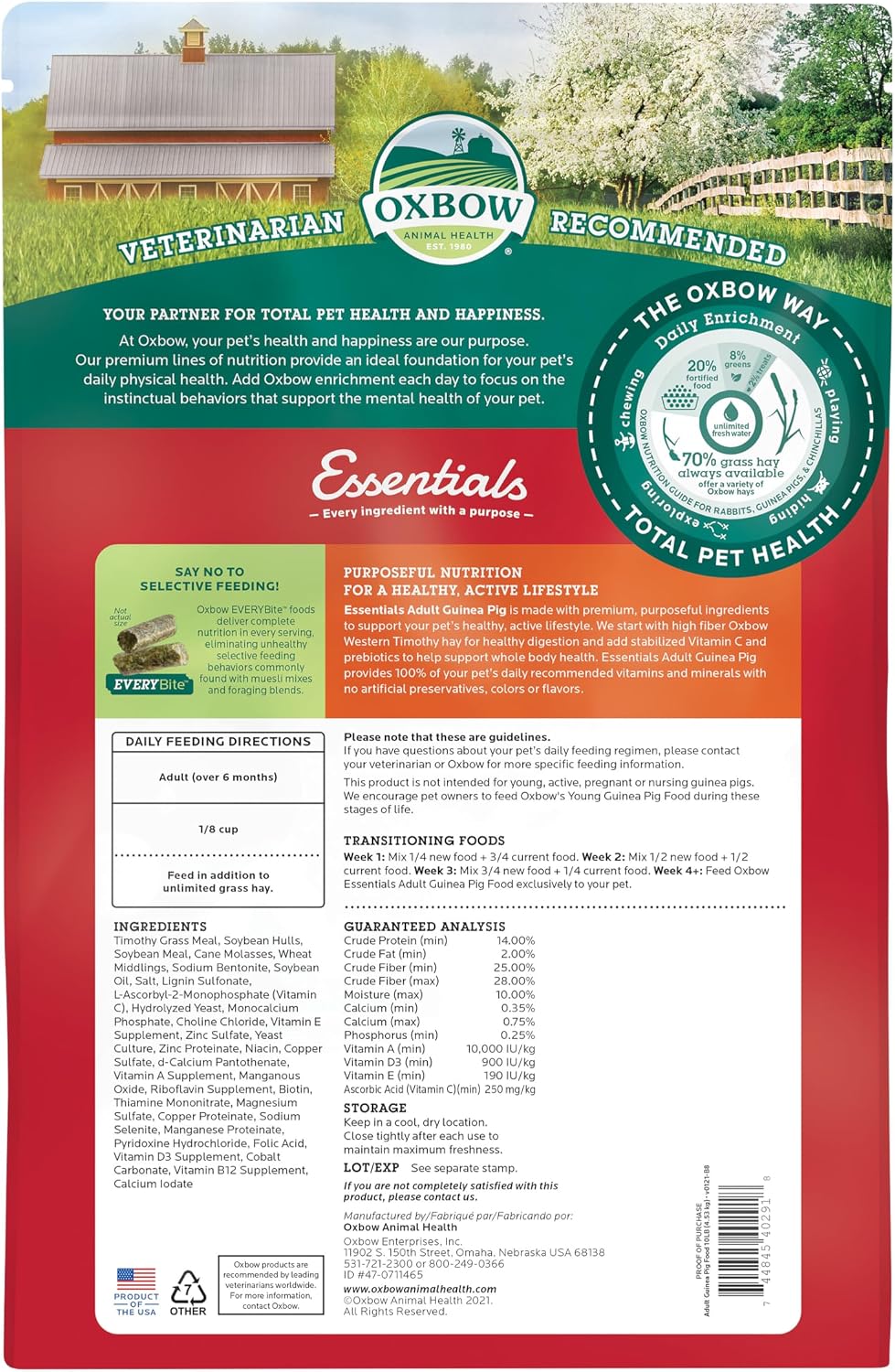 Oxbow Essentials Guinea Pig Food, Adult Guinea Pig, Made with Oxbow Timothy Hay, Pet Food Pellets with Vitamin C, Small Animal Pet Products, Made in USA, High Fiber, 10 lb. bag - Image 2