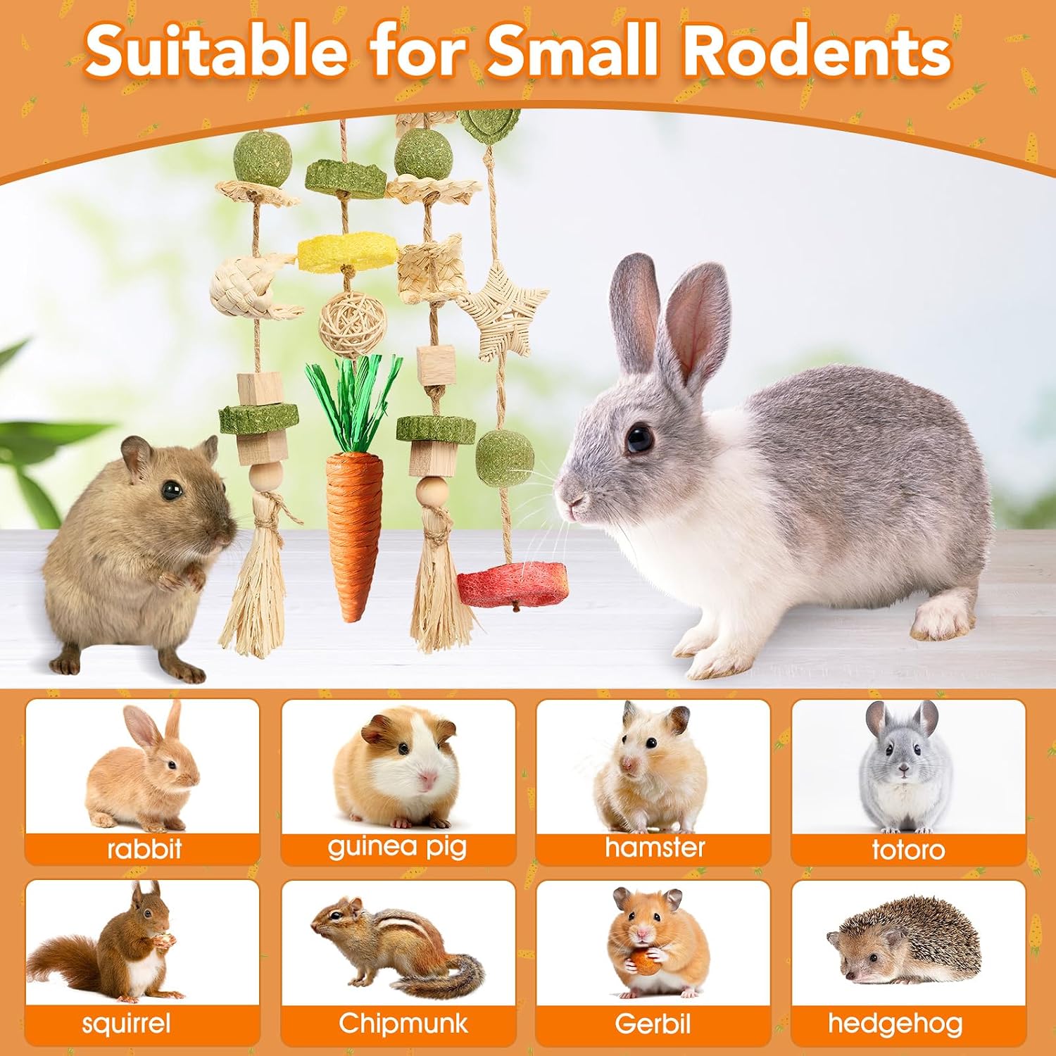 Jorewood Rabbit Chew Toys Bunny Cage Hanging Toy and Treats Rattan Ring with Snacks for Rodent Pets Teeth Healthy - Image 7