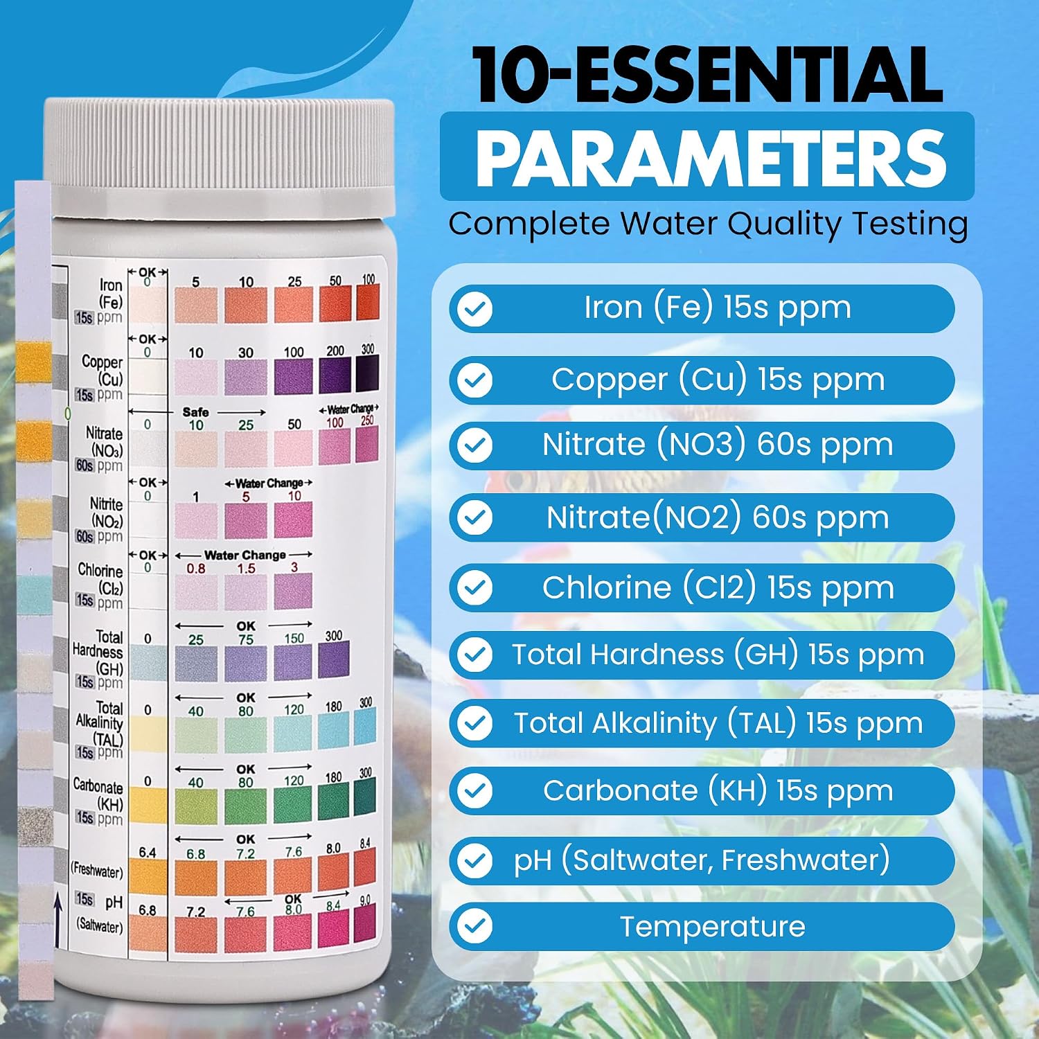 10 in 1 - Aquarium Test Strips | 100 Fast & Accurate Strips | Fish Tank Aquariums Water Test Kit & ebook | Aquarium Thermometer | Fish Tank Water Testing Kit for Fresh & Saltwater | Versatile Usage - Image 3