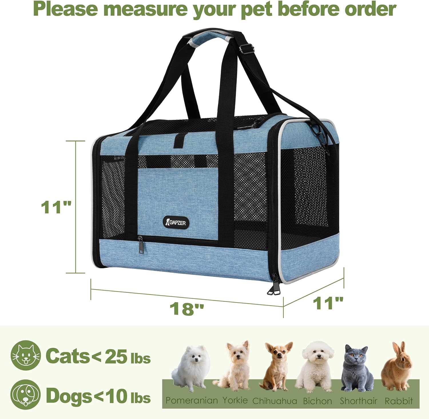 GAPZER Cat Carrier 18 x 11 x 11 Top Loading Soft-Sided Pet Travel Bag Over 15lbs, Portable Small Dog Puppy Car Crate 10 lbs, Chihuahua Kennel Carry Case, Kitty Cloth Cage Medium Cat Under 25 Blue - Image 2