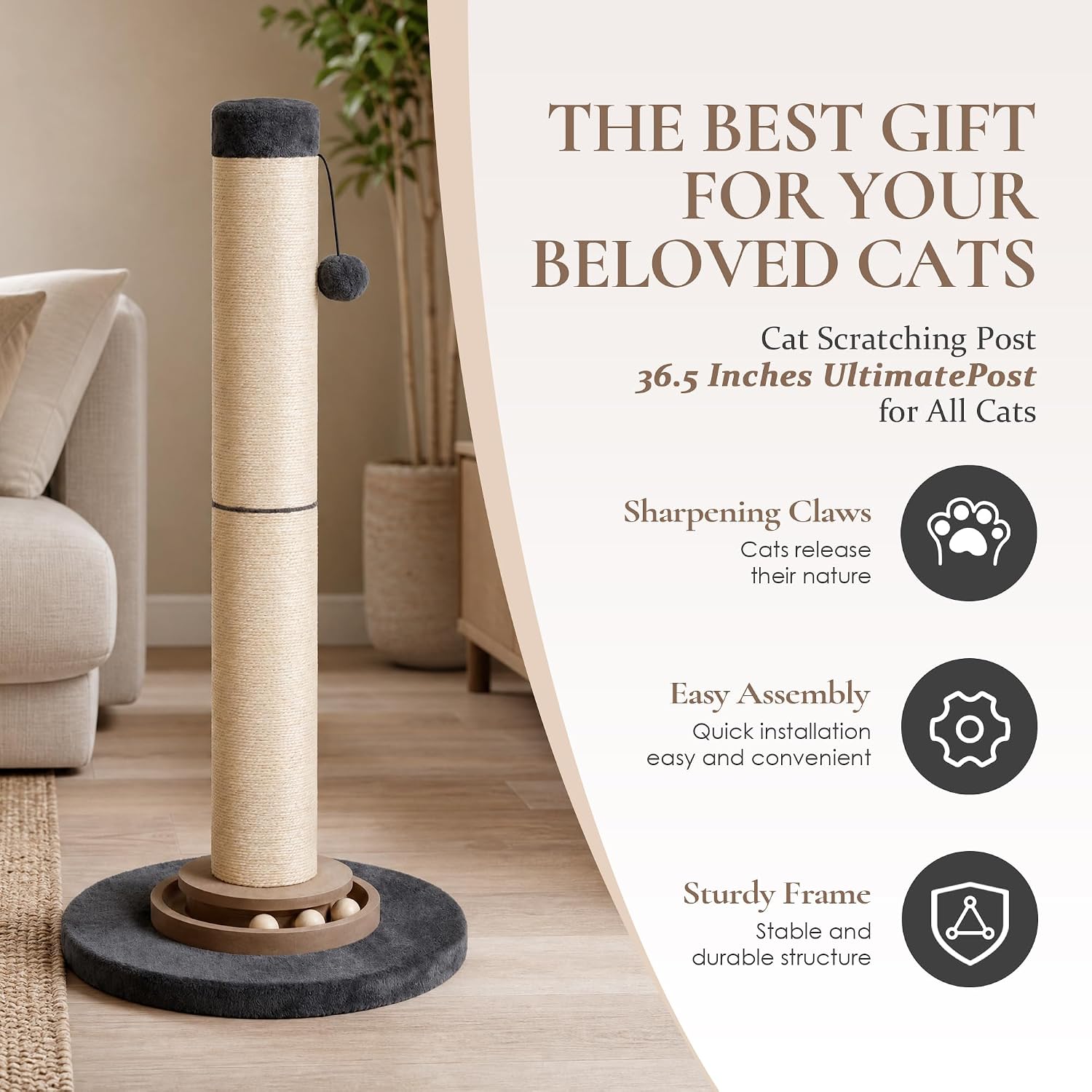 Heavy Duty Cat Scratching Post, 35 Inch Tall Cat Scratcher Cat Tree Tower with Hanging Ball for Indoor Cats Adults,Sisal Scratching Post with Toys - Image 7