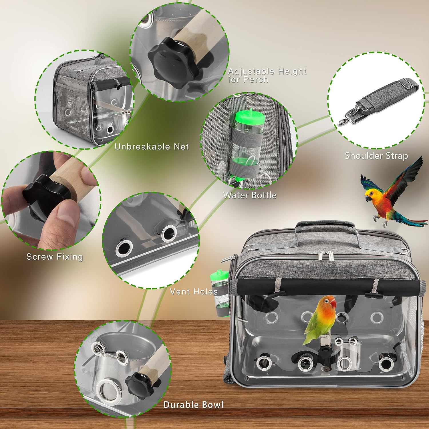 Bird Carrier Airline Approved, Bird Travel Cage with Indestructible Stainless Steel Mesh, Bird Travel Bag Lightweight and Portable with Water Bottle and Bowl - Image 3