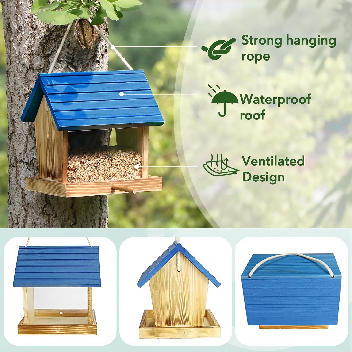 Cedar Wooden Bird Feeders for Outdoors Hanging– Large, Weatherproof Wild Bird House Feeder–Pre-Assembled, Hopper Design, Anti-Squirrel, Easy Fill for Cardinals, Bluebirds, Oriole & Finches - Image 3