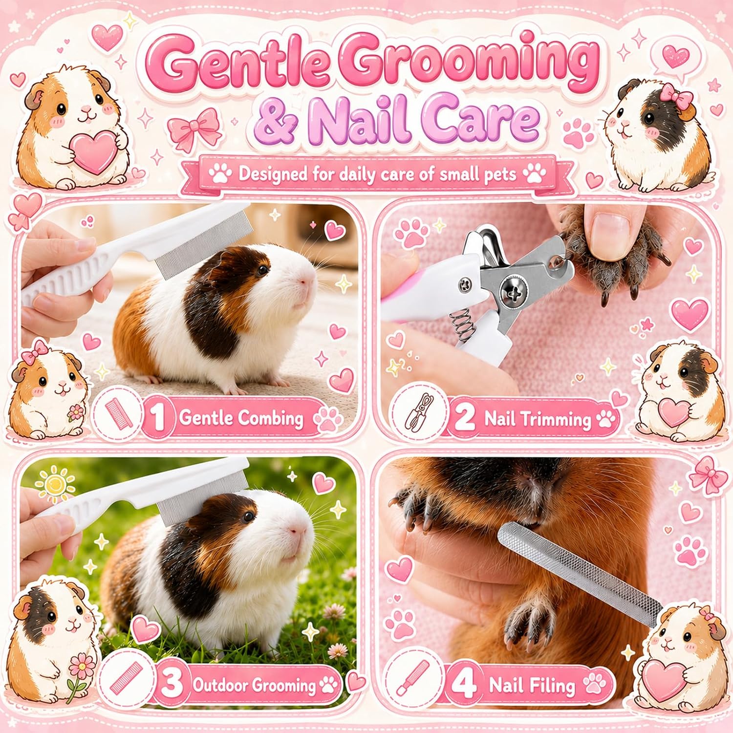 Guinea Pig Brush Kit Hamster Cleaning Grooming Comb with Nail Clipper Trimmer, Nail Files - Professional Small Animal Grooming Tool for Rabbit, Bunny, Puppy, Kitten, Ferret - Image 3