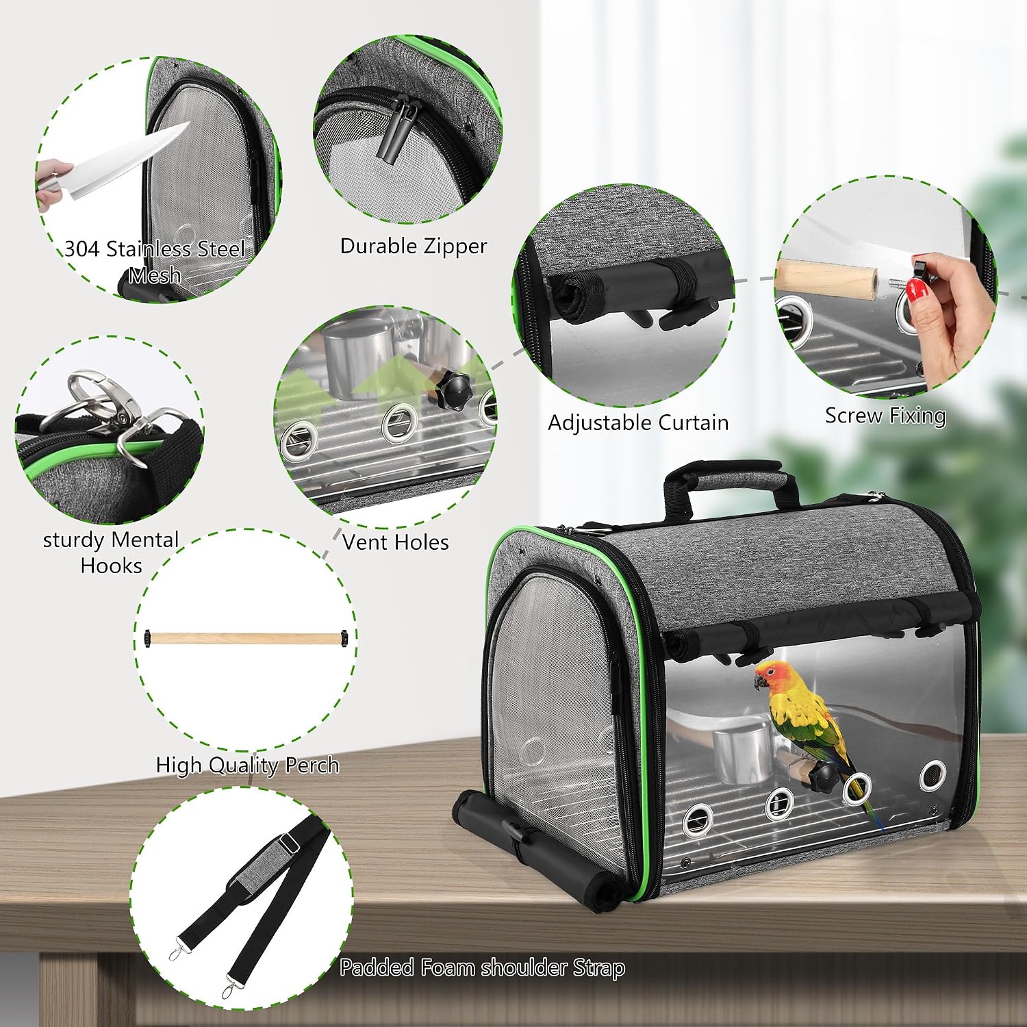 Bird Carrier Bag Bird Travel Cage Indestructible Stainless Steel Mesh, Bag with Stand for Parrot, Portable Bird Travel Bag, Pet Transparent Breathable Travel Cage - Image 2